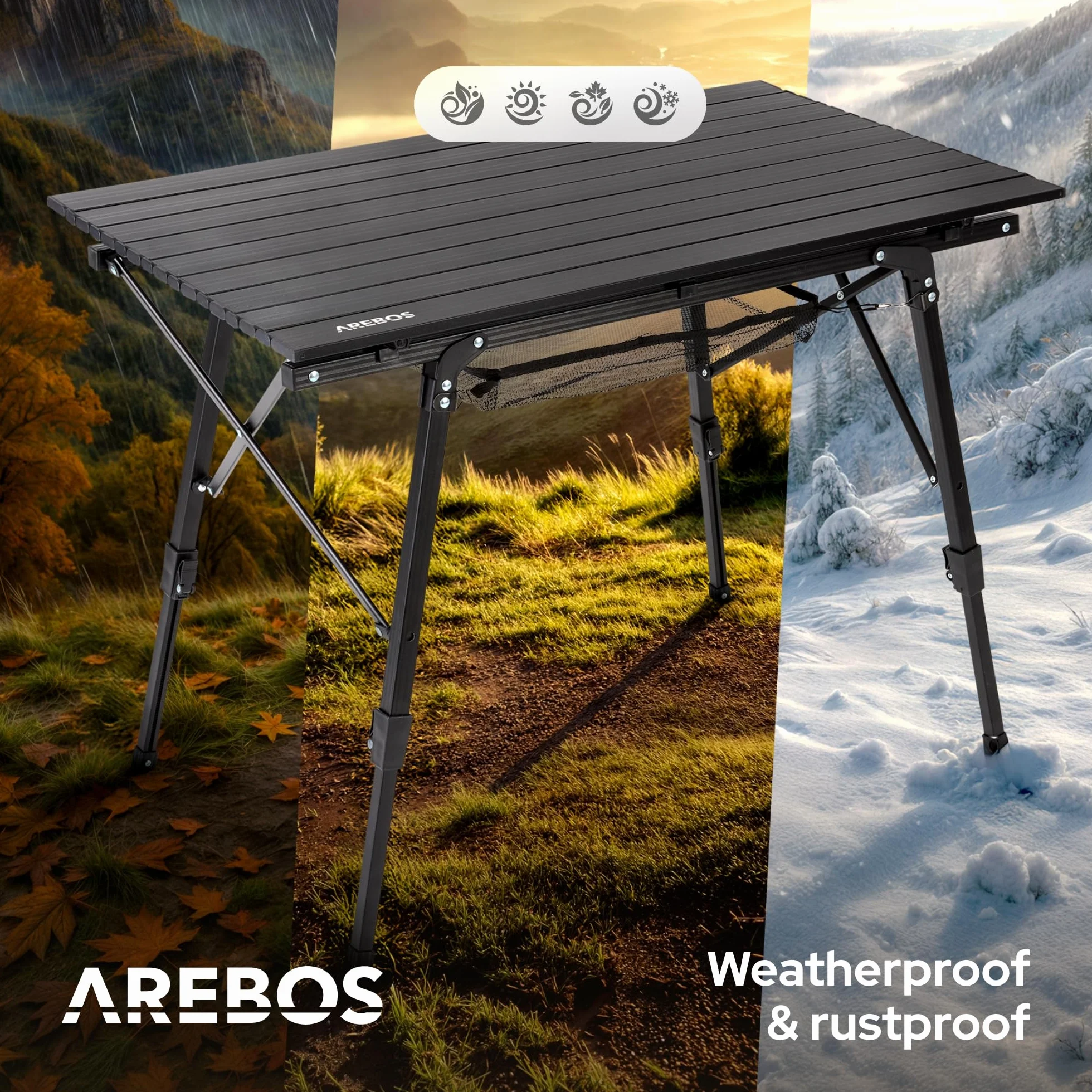 Arebos Składany stół kempingowy, 120 x 70 cm, z regulacją wysokości 58-78 cm, akcesoria kempingowe, ogród, grill, piknik, składany stół kempingowy, stół podróżny z torbą do przenoszenia, Czarny