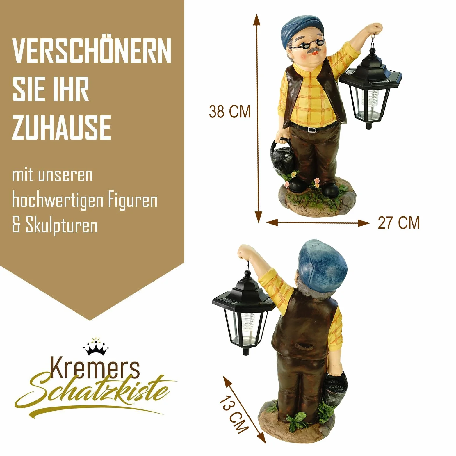 Kremers Schatzkiste Figurka ogrodowa dziadek Hans z latarnią solarną i konewką 38 cm