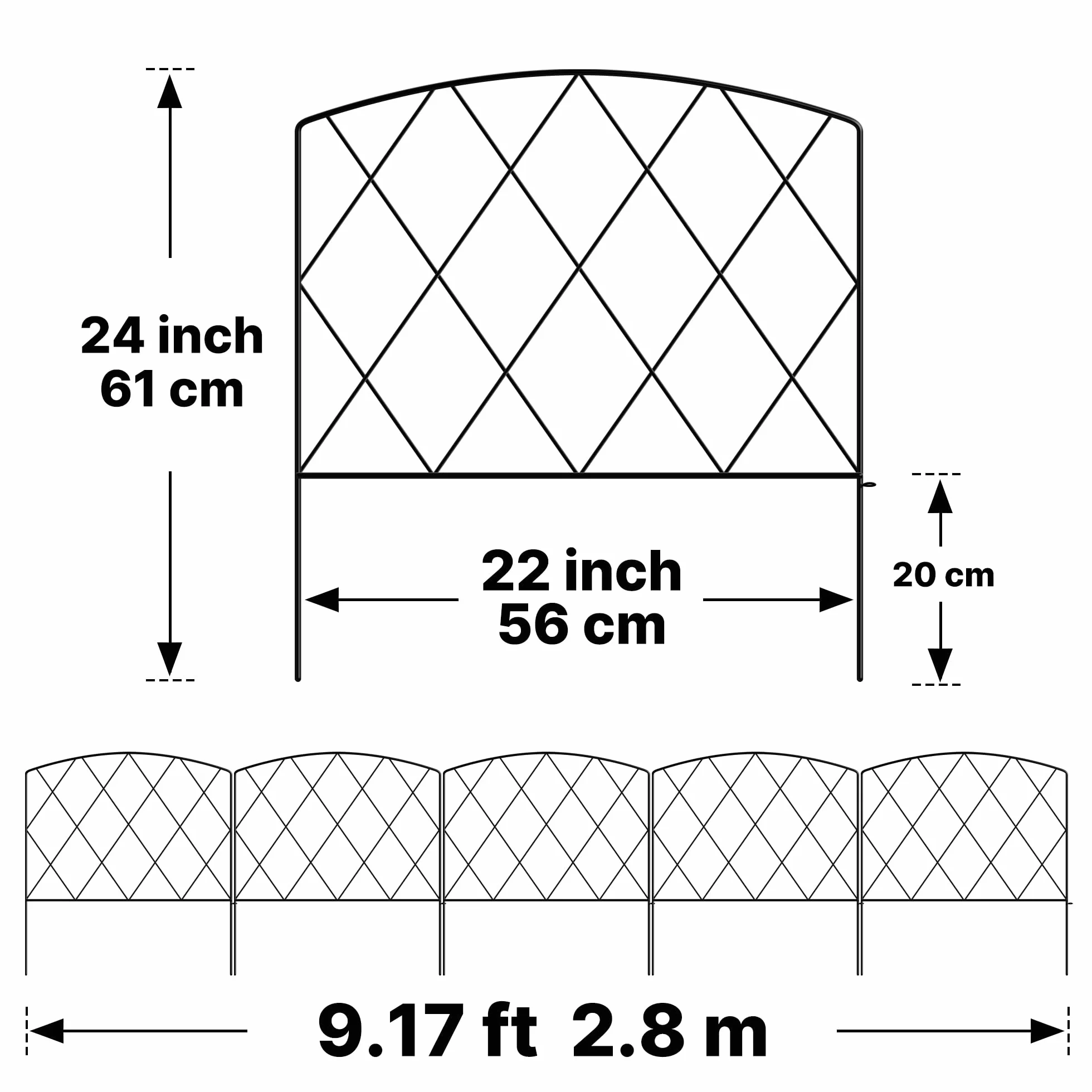 ARIFARO Ogrodzenie ogrodowe, 61 cm (wys.) x 56 cm (szer.) 5 paneli, dekoracyjne ogrodzenie, nierdzewne metalowe ogrodzenie bez kopania, ogrodzenie graniczne, żelazne ogrodzenie dla psa, ogrodzenie dla