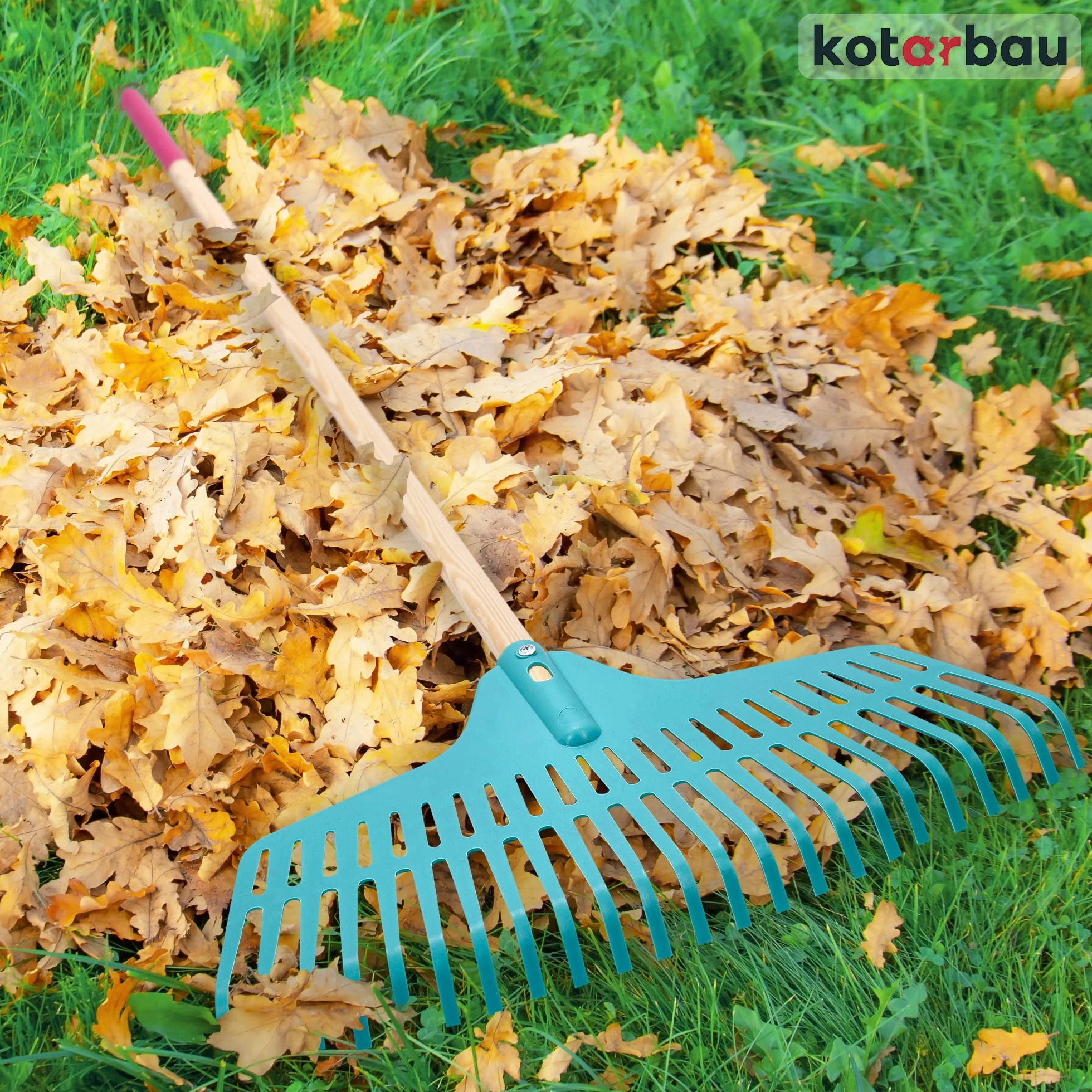 KOTARBAU® Grabie do Liści - 46 cm - Grabie do Trawy - Plastikowe - Niebieskie - Drewniany Trzon