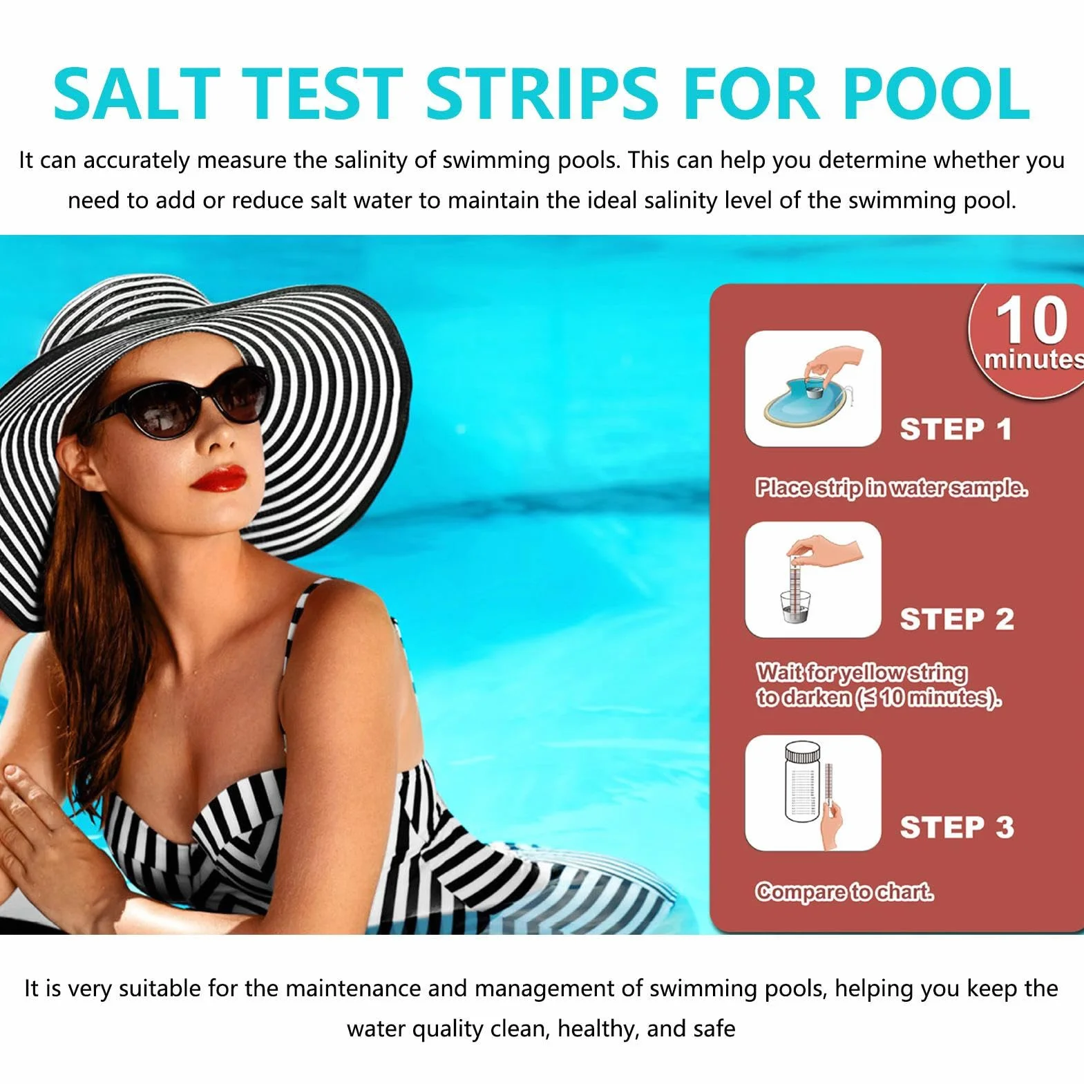 Paski testowe do pomiaru pH chloru soli, 10 sztuk słonej wody, tester wody, dokładniejsze do basenów, Hot Tub Spa do soli