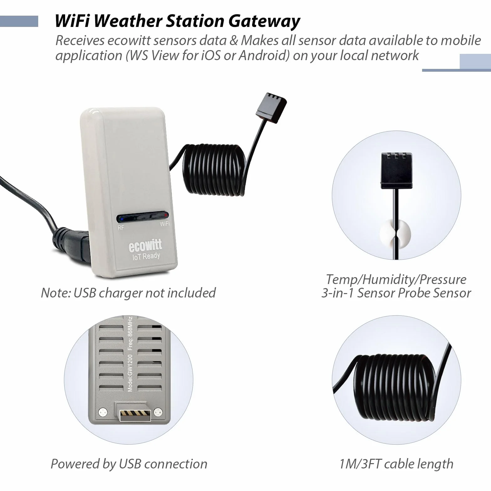 ECOWITT GW1200 Stacja Pogodowa z Czujnikiem Zewnętrznym 3 w 1 Temperatura Wilgotność Barometr