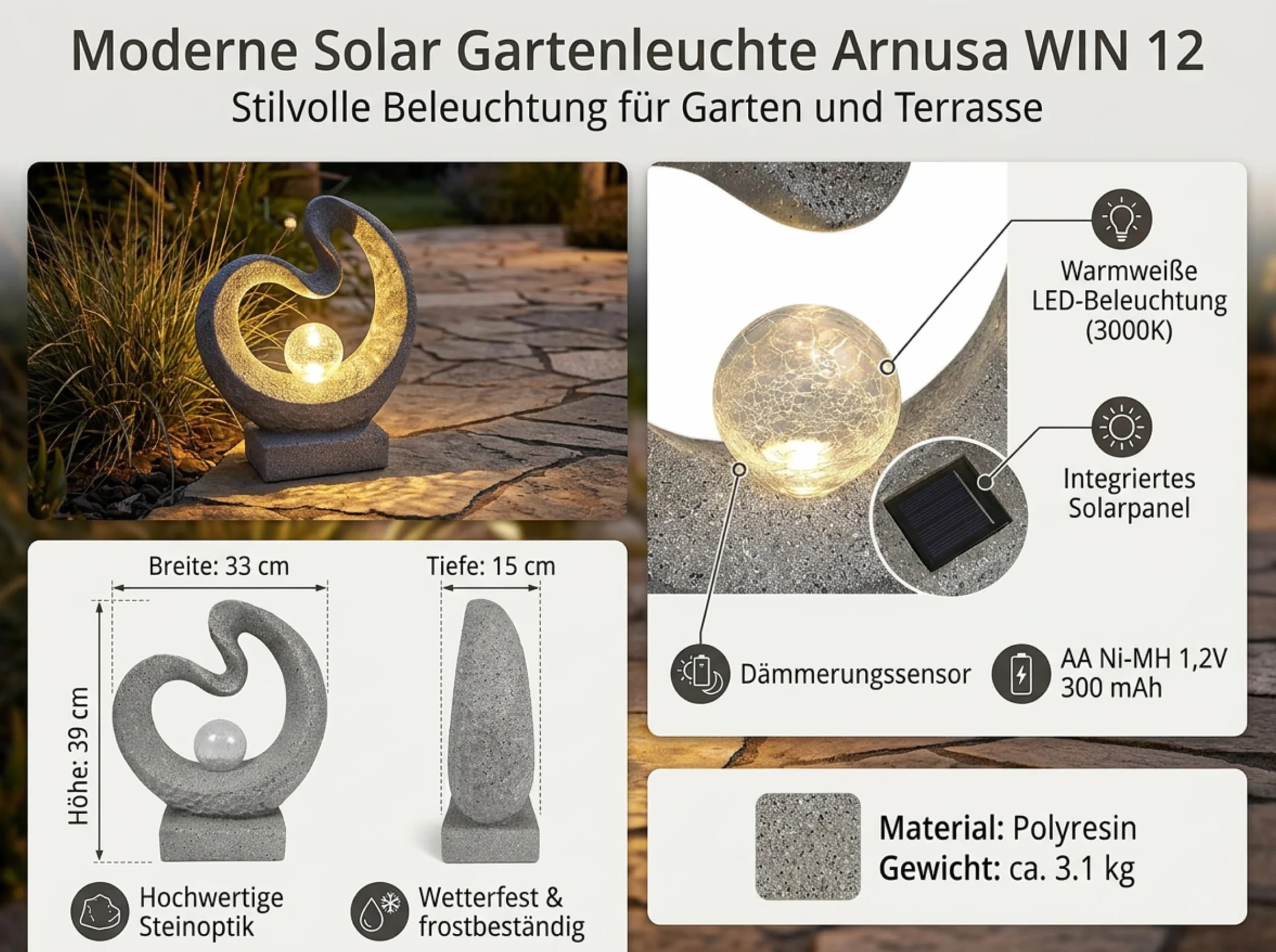 Arnusa Lampa solarna rzeźba granitu 33,5 x 39 cm figurka ogrodowa ze szklaną kulką ciepła biel
