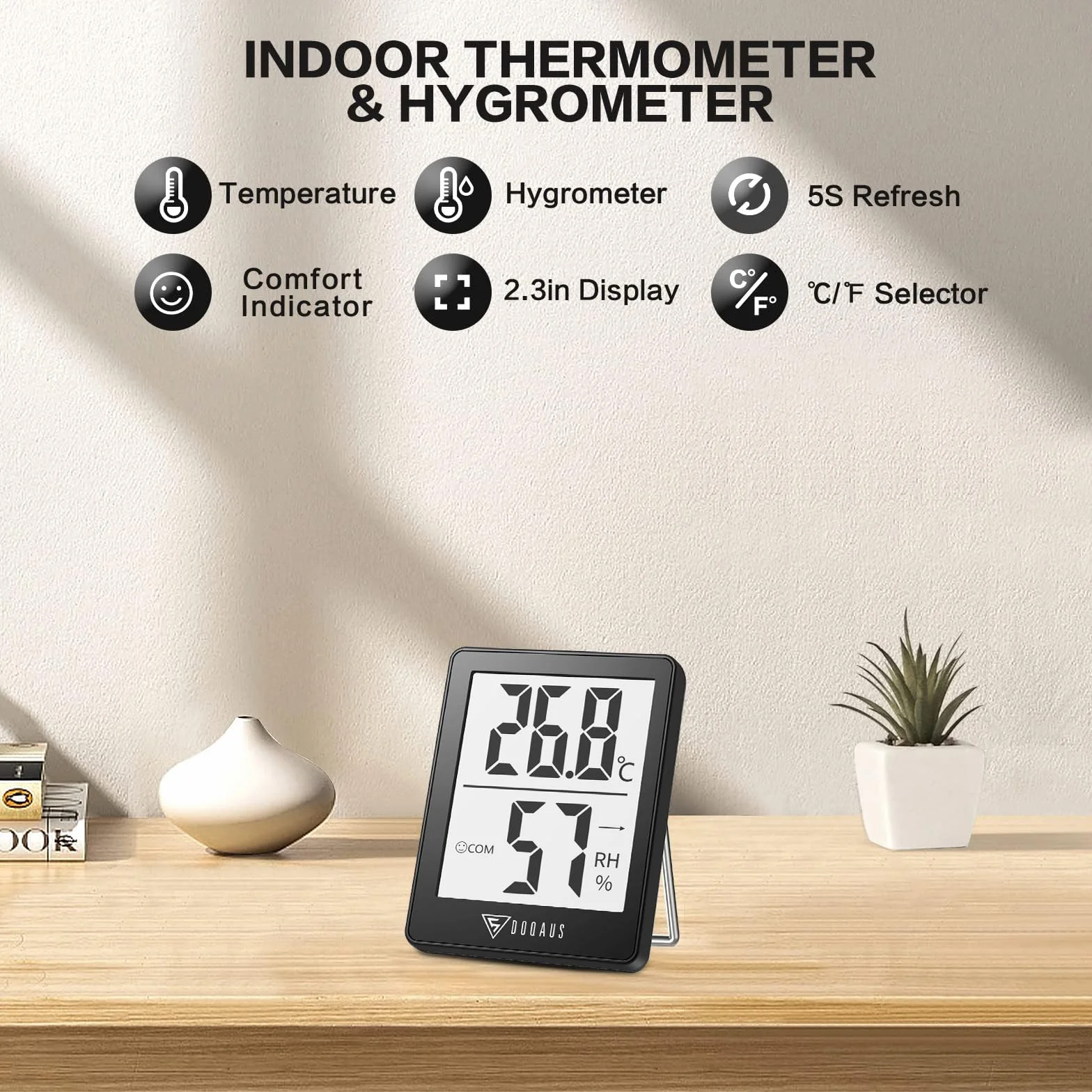 DOQAUS Mini Termometry Wewnętrzne, 3 Kawałki Termometry Domowe, Higrometry z Dużą Dokładnością, do Kontroli Temperatura w Pokojowa, Sypialnia, Pokój Dziecięcy, Salon, Biuro (Czarny)