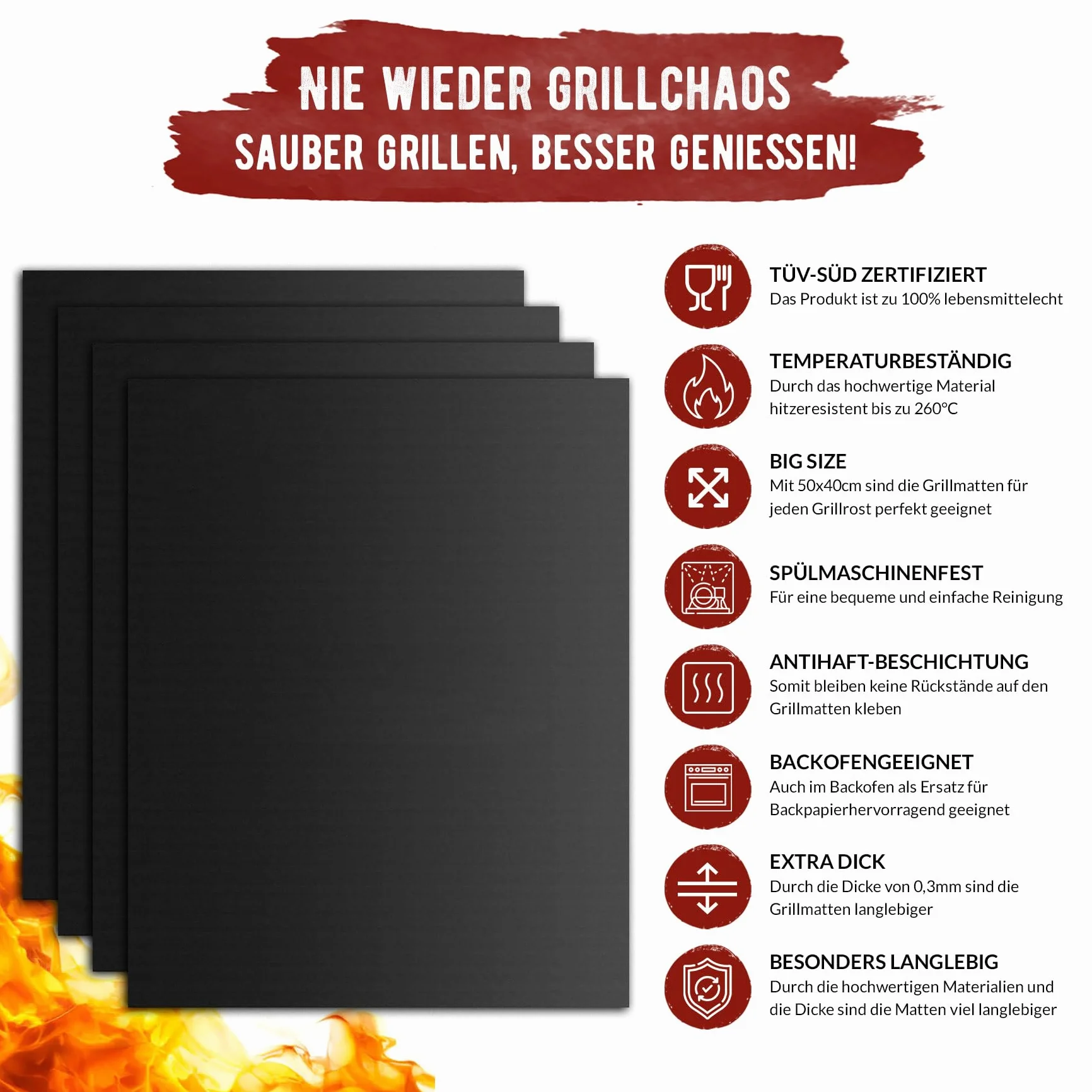 grillart® Zestaw 4 mat do grilla premium BBQ – wysokiej jakości maty do grilla gazowego z powłoką zapobiegającą przywieraniu – nadają się również jako mata do pieczenia – bardzo duże i grube, dlatego