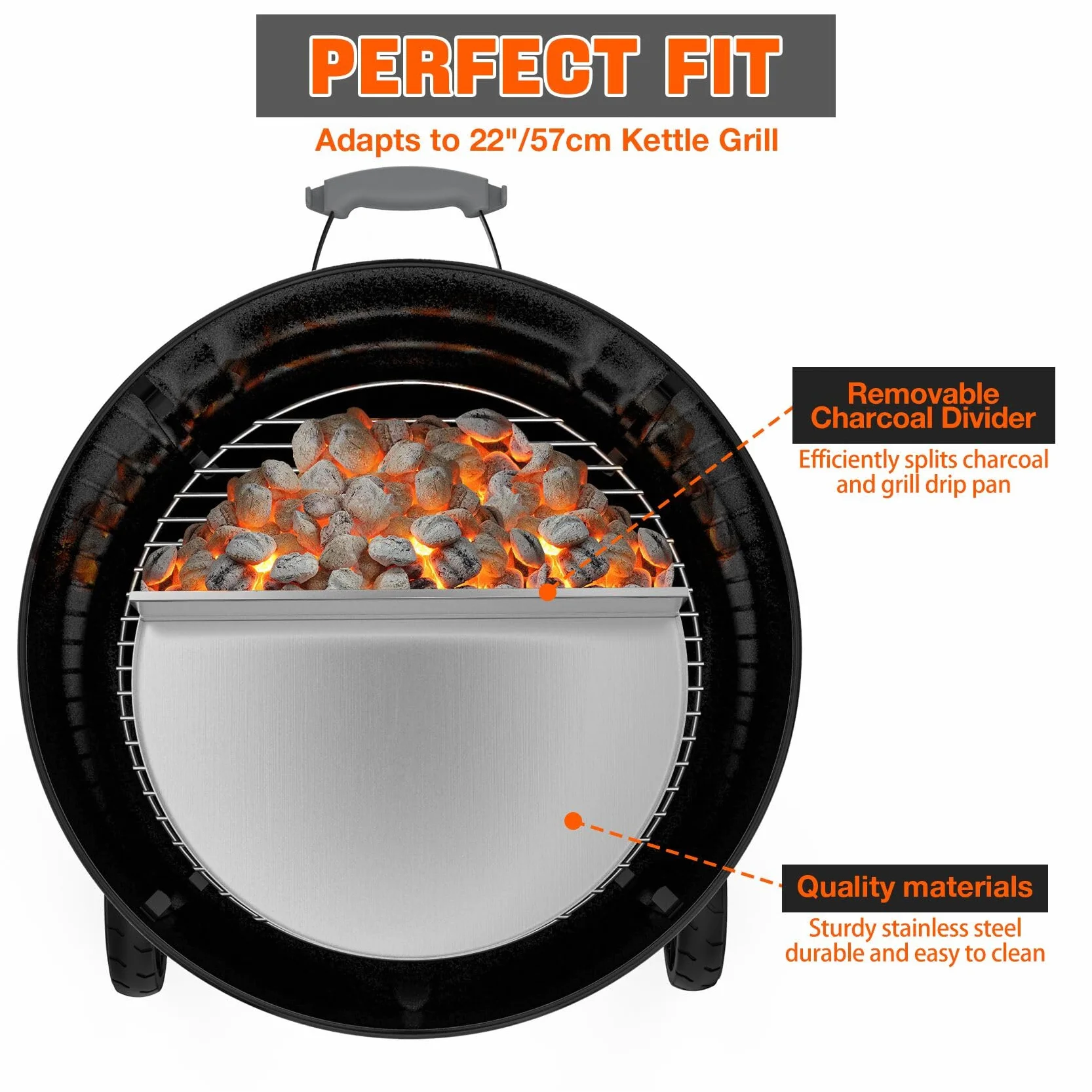 Onlyfire Półokrągłe tacki ociekowe z wyjmowaną przegrodą na węgiel drzewny, tacki ociekowe do grilli kociołkowych Weber 57 cm, tacki do grilla ze stali nierdzewnej, tacka ociekowa na tłuszcz