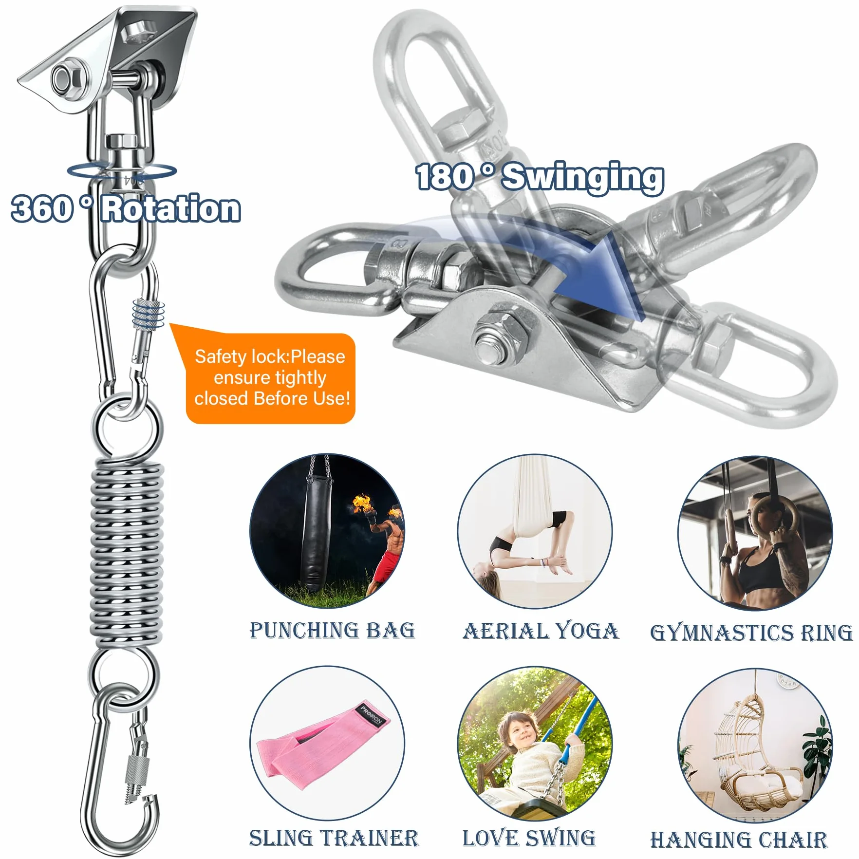 Hak sufitowy, fotel wiszący, sprężyna uchylna, obracany o 360°, do dużych obciążeń, stal nierdzewna, uchwyt sufitowy, do 450 kg, hak do worka bokserskiego, uchwyt z 2 karabińczykami, do hamaka