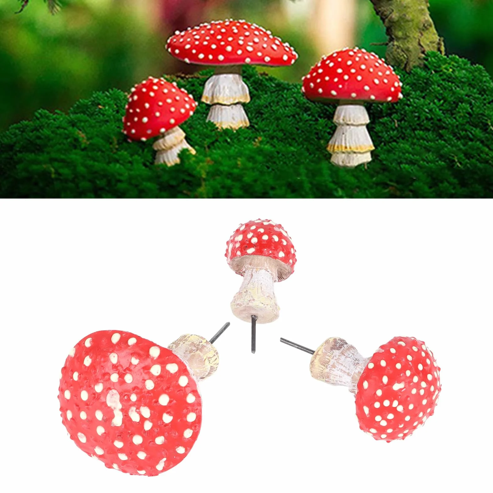 Zestaw 3 bajkowych miniaturowych figurek grzybów ogrodowych, świecące miniaturowe figurki grzybów, akcesoria artystyczne do ogrodu, na podwórko, czerwone grzyby, dekoracja trawnika