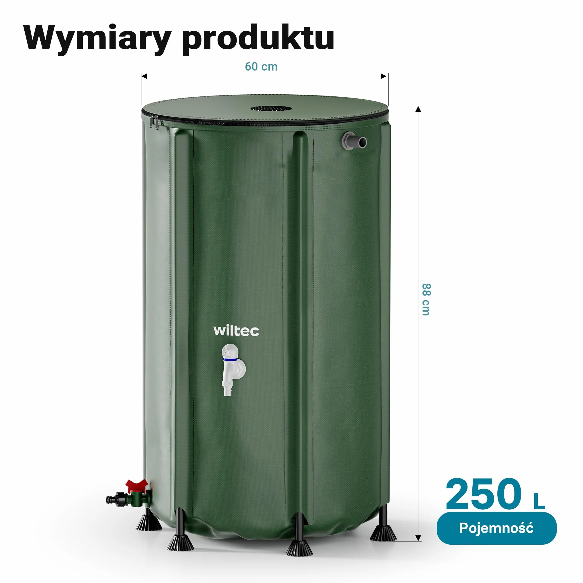 Wiltec Zbiornik na deszczówkę o pojemności 250 l, średnicy 60 cm i wysokości 88 cm, z pokrywką i kranem, beczka składana z tkaniny PVC 1000D na wodę