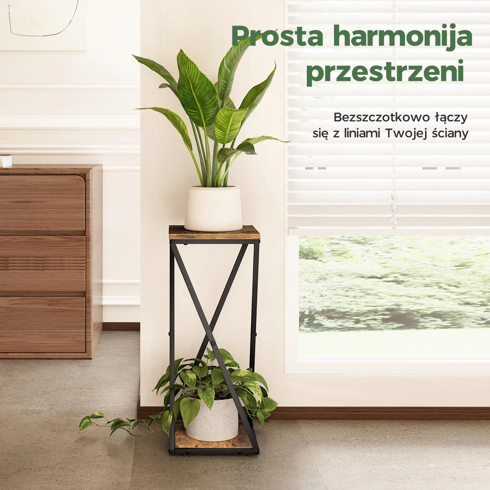 Bamworld Stojak na Kwiaty Wewnętrzny 2-Poziomowy Narożny Metalowy z Półkami na Rośliny do Mieszkania Stojak Ogrodowy Balkon