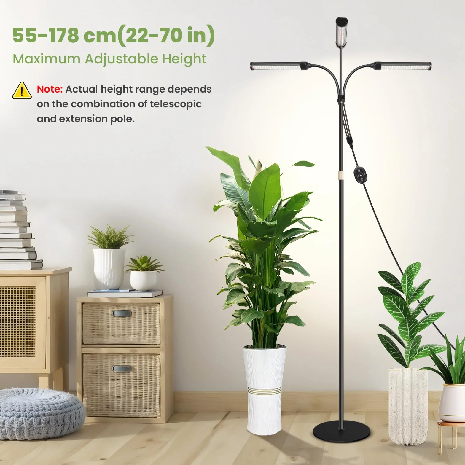Duża lampa do roślin 24V do uprawy w pomieszczeniach, pełne spektrum z wzmocnionym 660 nm, LED LM281B+, timer i ściemnianie, wysokość 56–178 cm, podstawa 25 cm, 28W, 560 µmol/m²/s @15 cm