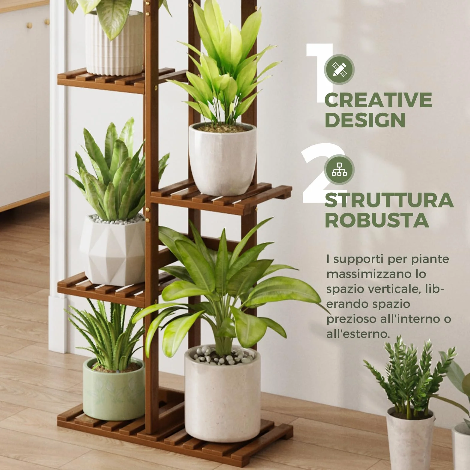 Bamworld Stojak Na Rośliny Regał Na Rośliny z Bambusa Wewnętrzny Regał Na Kwiaty, Mały Metalowy Stojak Na Kwiaty Do Tarasu, Ogródku(Czarna Herbata, 6 Poziomów)