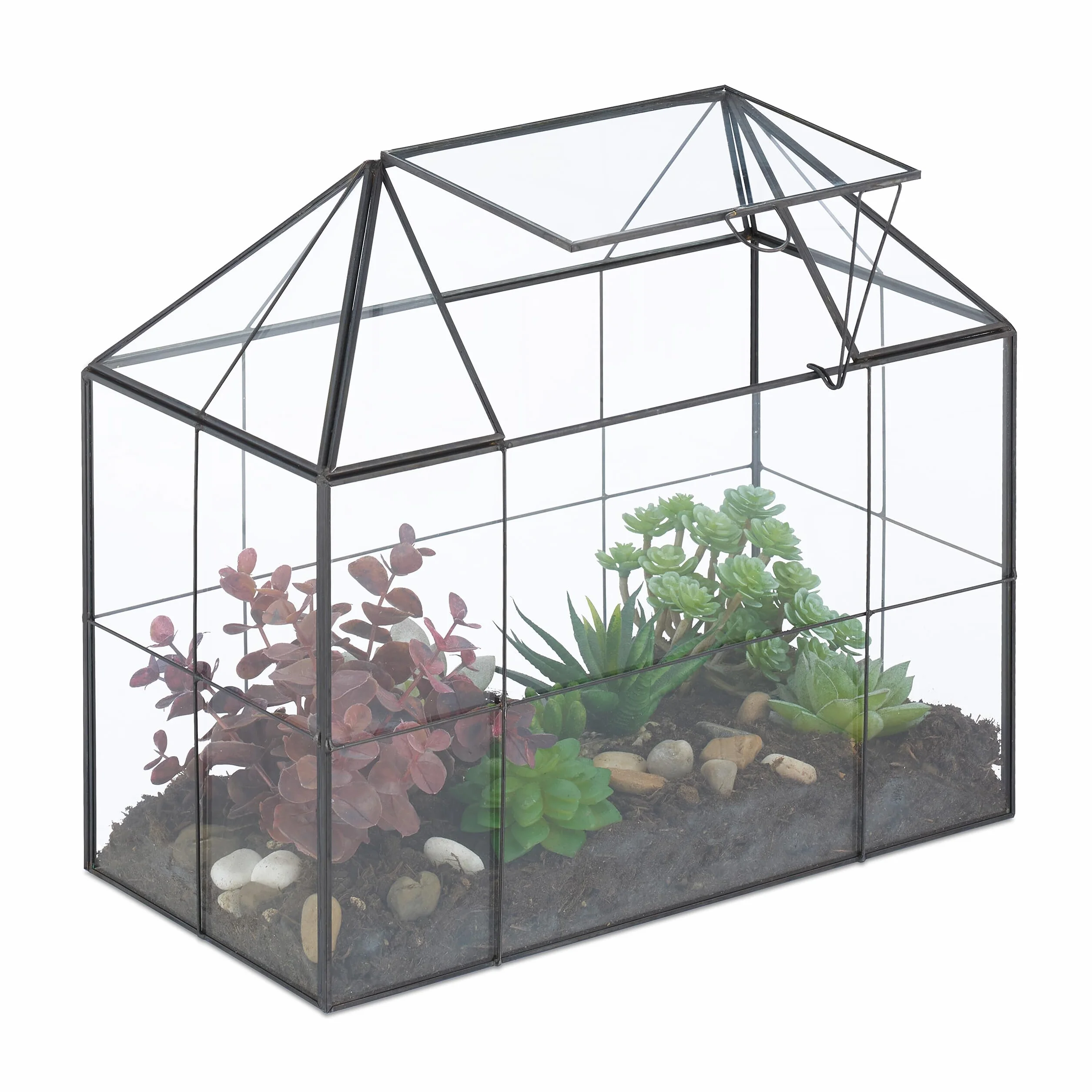 Relaxdays Terrarium roślinne, szkło i miedź, 27 x 30 x 15 cm, dekoracyjny szklany domek kaktusy i mech, szklana skrzynka na parapet, czarna