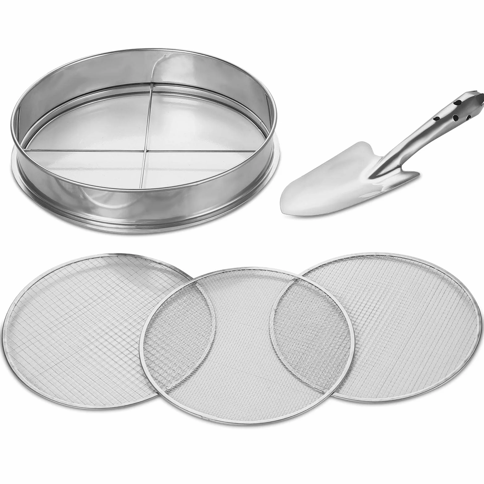 johgee Sitko ogrodowe 3 w 1 ze stali nierdzewnej, sita Ø 3,6,9 mm, łopatka 26 cm