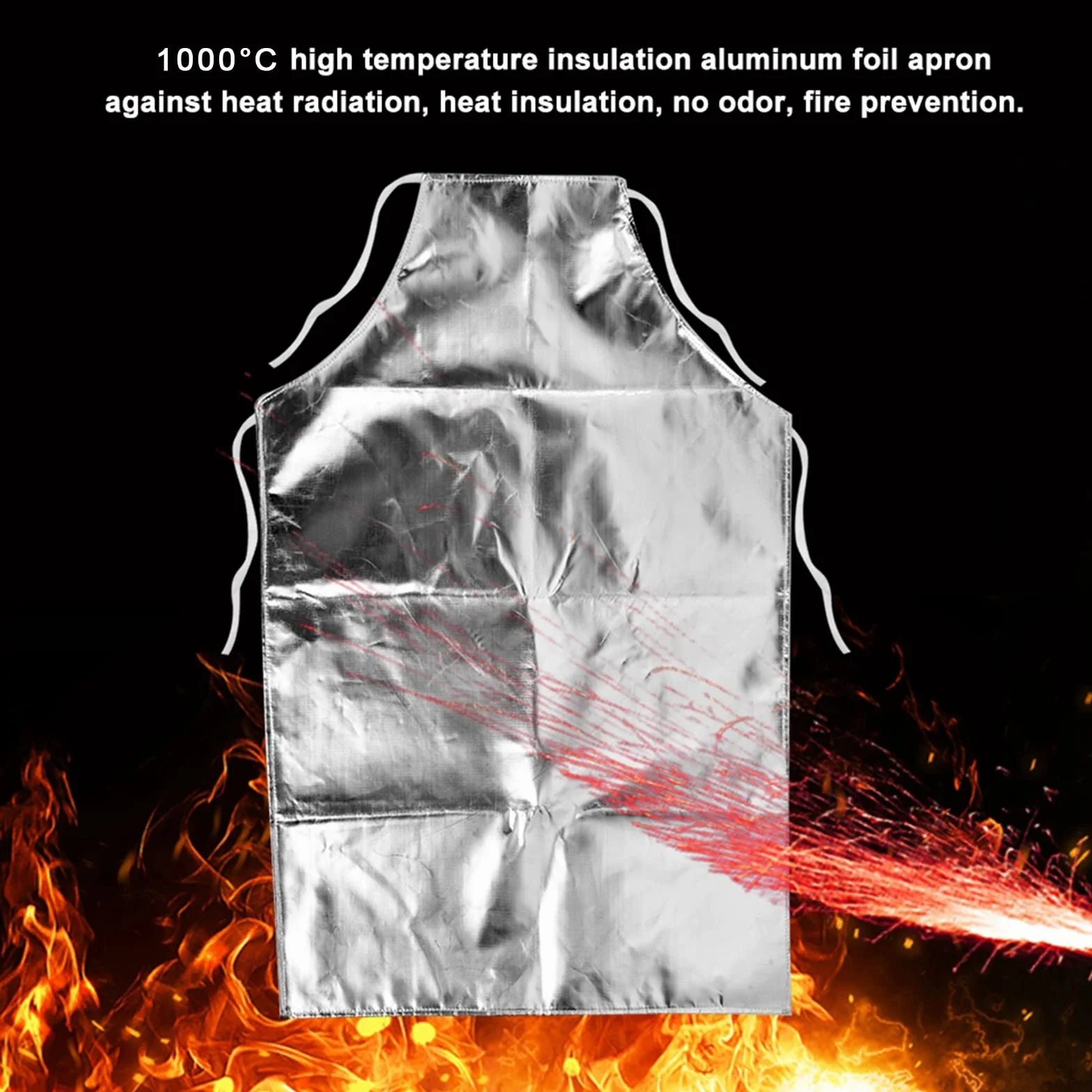 Fartuch odporny na wysokie temperatury, fartuch z folii aluminiowej, 1000°C, odporny na wysokie temperatury, fartuch roboczy ogniotrwały do gotowania, grillowania, pracy, szary, l