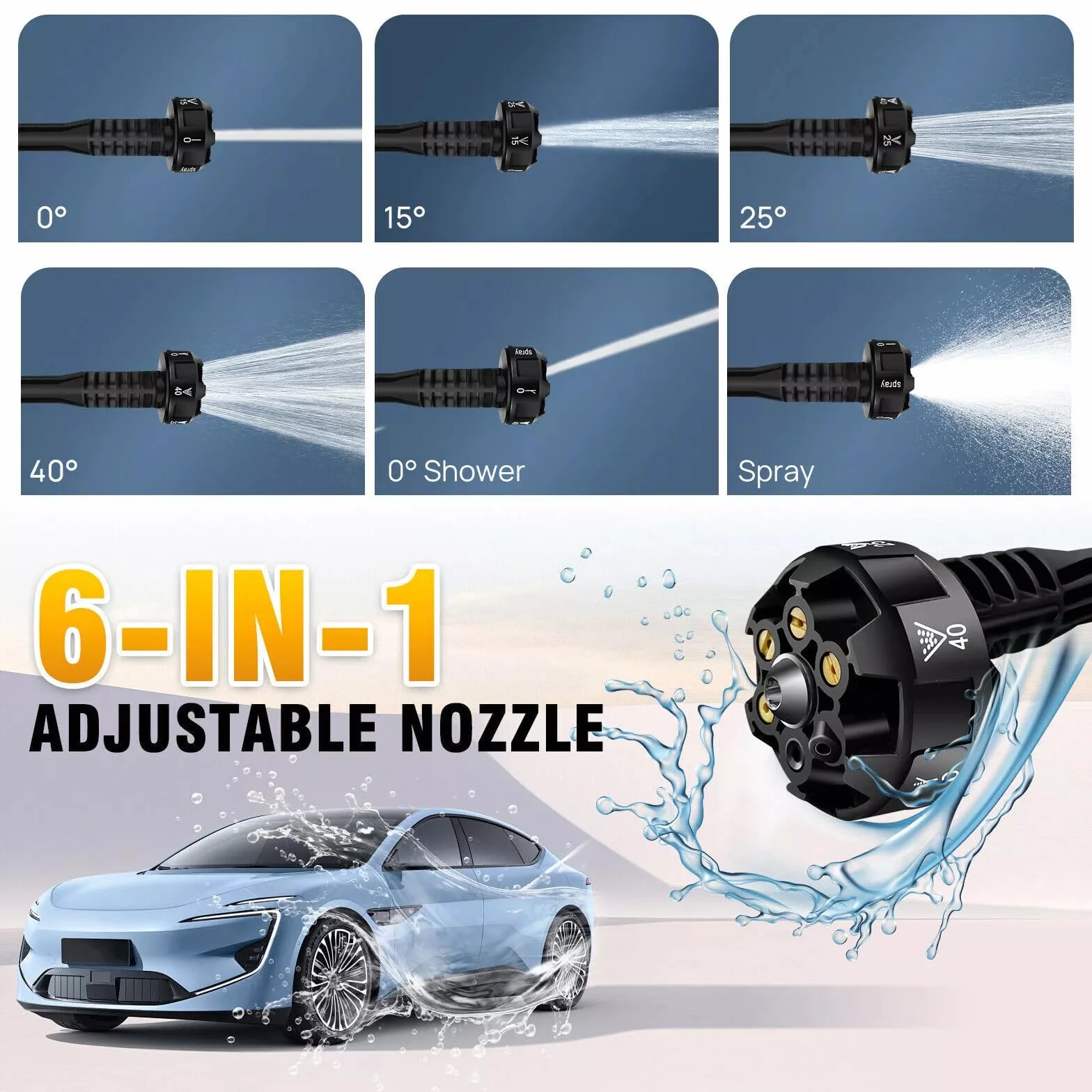 Bezprzewodowy pistolet na wodę 6in1 21 V 300 barów/3000 PSI z 2 bateriami 3,0 ah, wąż 5 metrów