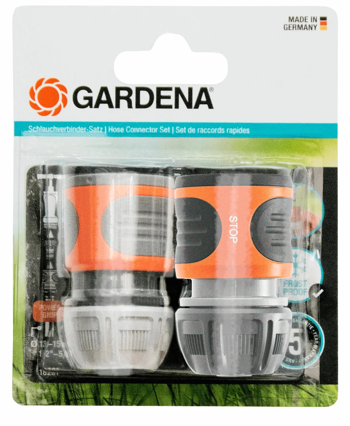 Gardena zestaw złączek węża 13 i 15 mm (1/2 cala i 5/8 cala): Do wylotu i końcówki węża, przyłącze pasujące do wszystkich części OGS, z ochroną przed promieniowaniem UV i mrozem (18279-20)