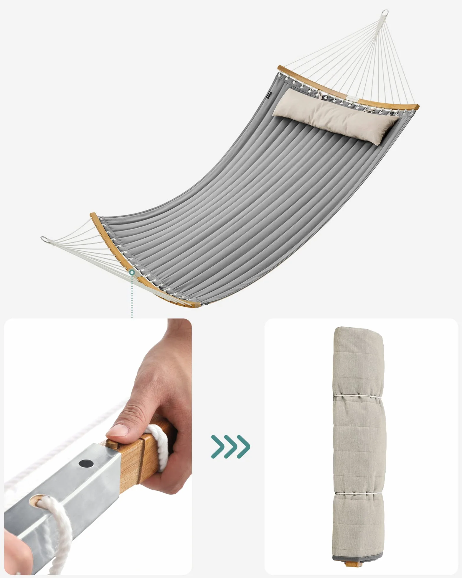 SONGMICS hamak dla 2 osób, wyściełany, pikowany, z podzielnymi giętymi bambusowymi kijami, z poduszkami, tkanina Oxford, 200 x 140 cm, nośność do 225 kg, szaro-beżowy GDC34CG