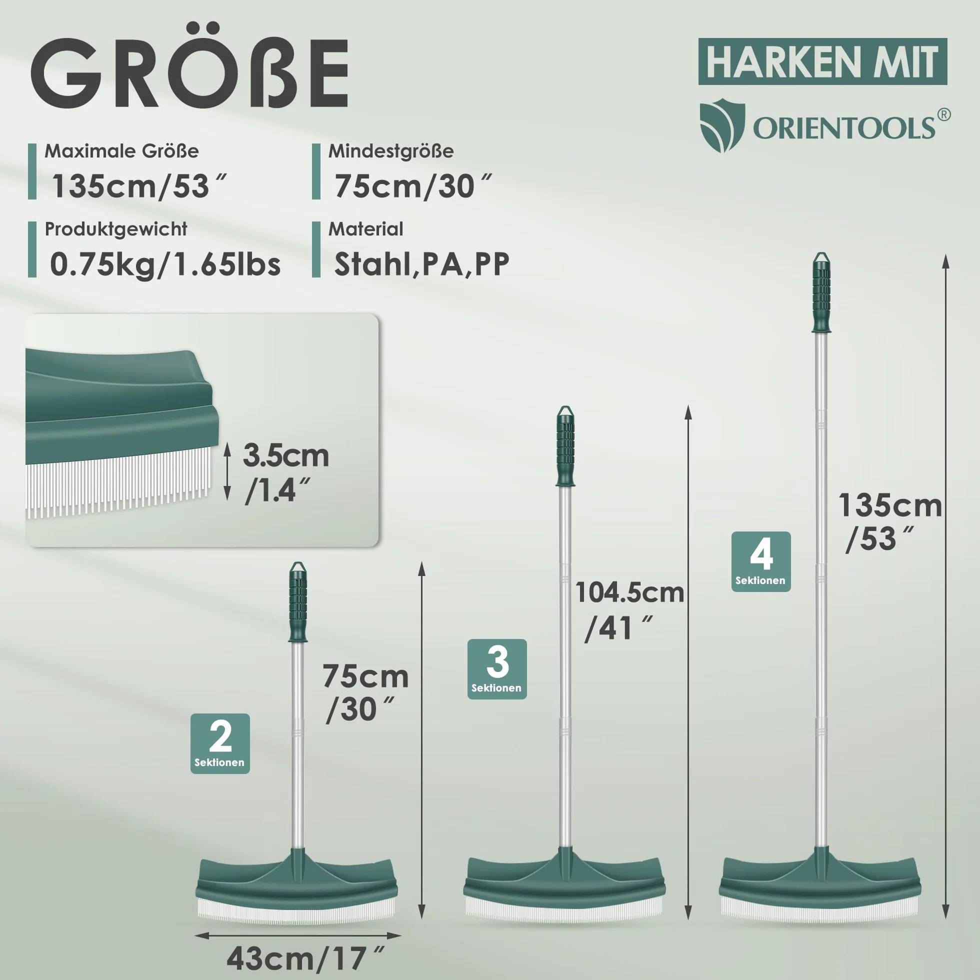 ORIENTOOLS Szczotka do sztucznej trawy, zakrzywiona szczotka do trawnika z regulowanym stalowym uchwytem, 80 do 134 cm, sztuczna grabia ze szczotką PA do trawników i zbierania liści.