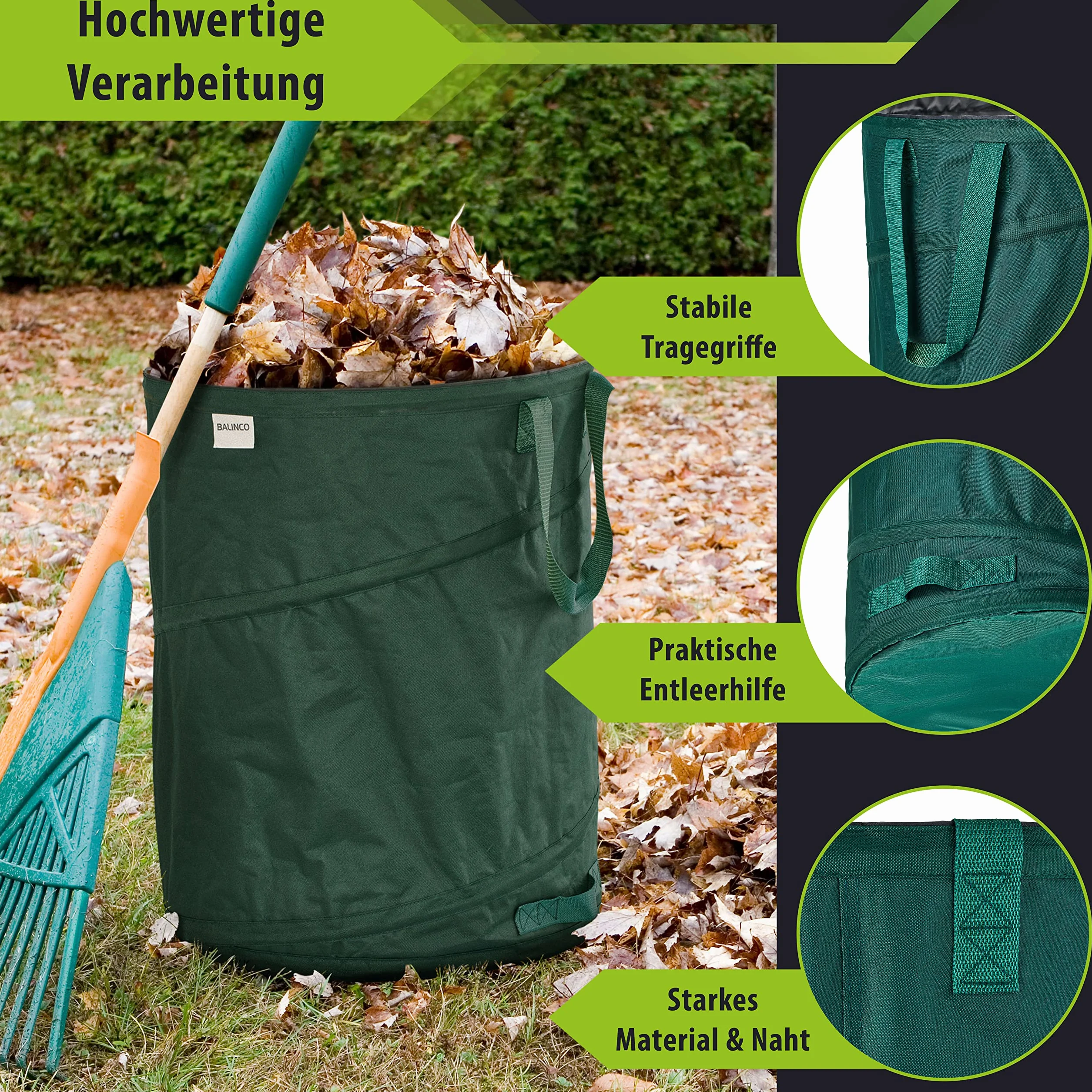 Worek na odpady ogrodowe 170 L zielony z poliestru 220 g/m² składany (3 sztuki)