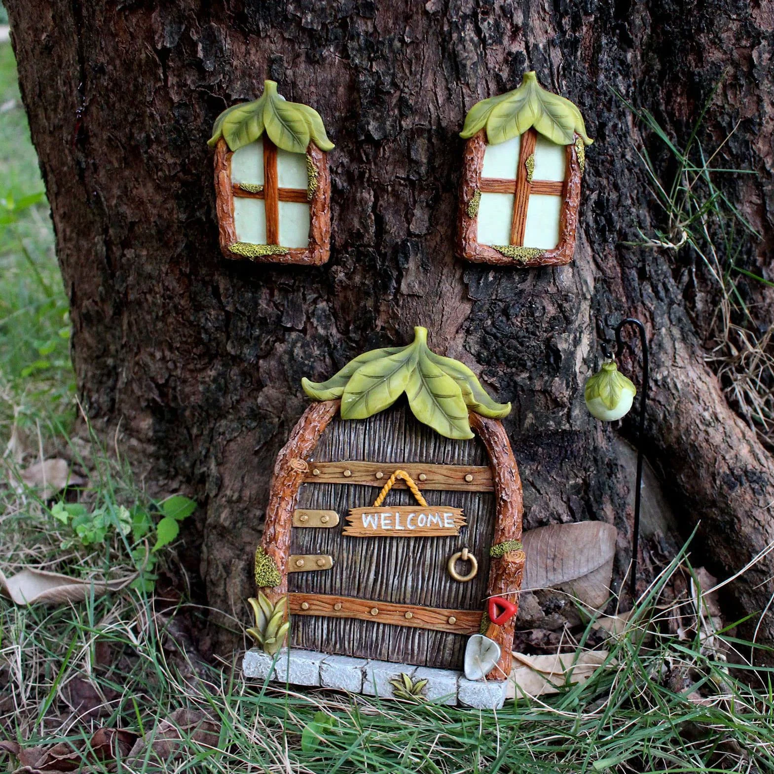 Drzwi wróżki do ogrodu, dekoracja ogrodowa, miniaturowe drzwi z żywicy, elf dom