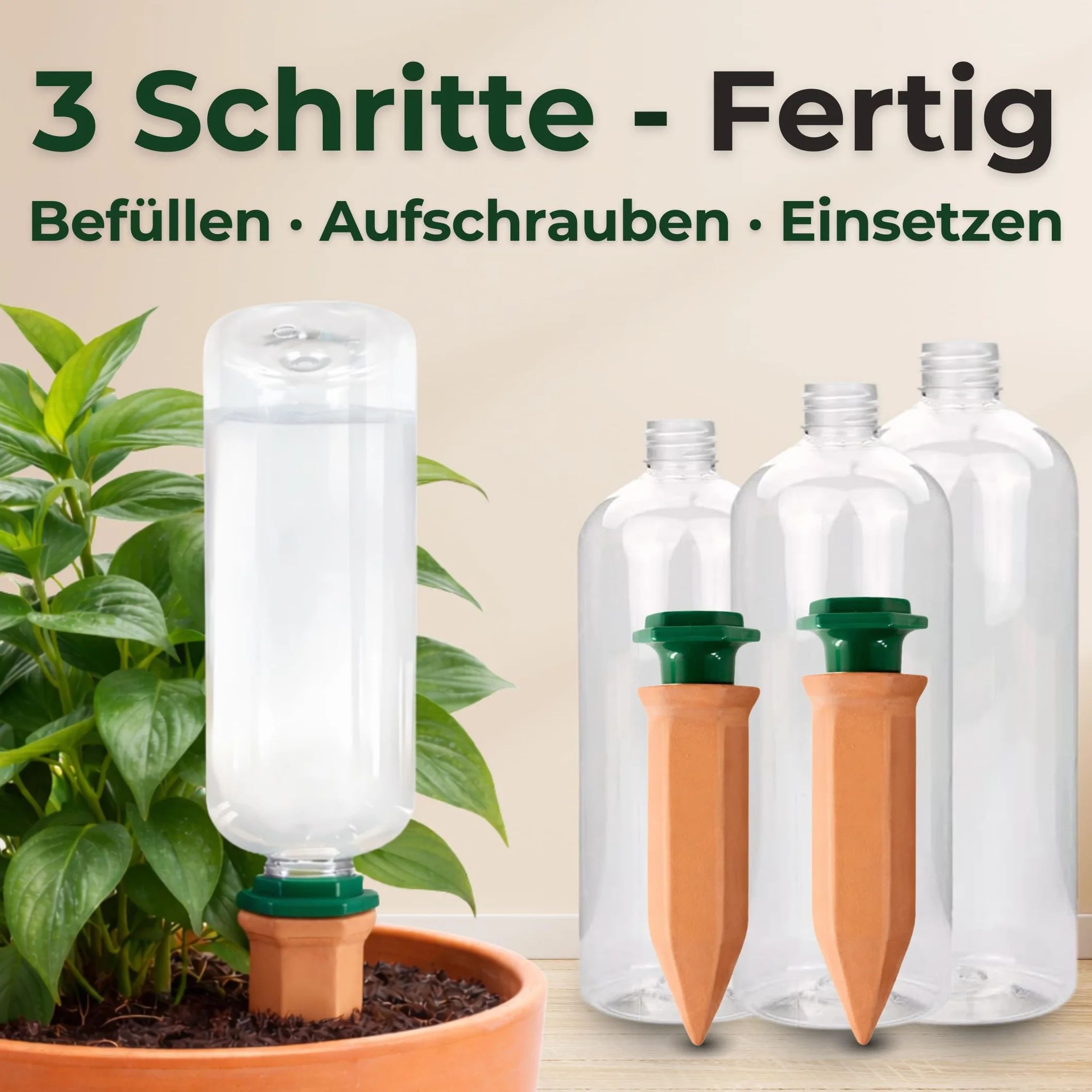Nawadnianie roślin | stożek gliniany wraz z adapterem i butelkami PET | 750 ml | kolce do nawadniania dla optymalnego nawadniania | zestaw 4 sztuk | dozownik wody | idealny na nieobecność w trakcie