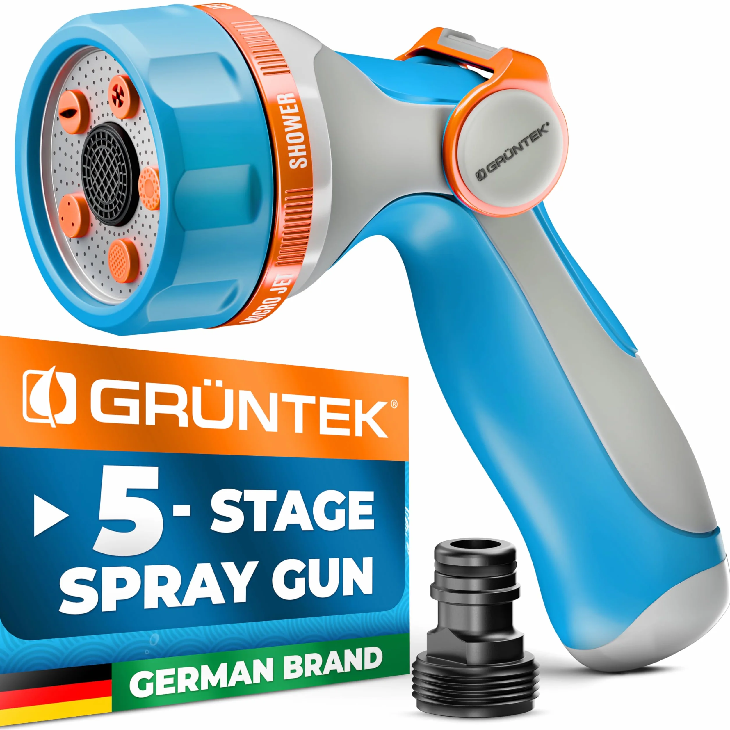 GRÜNTEK Ultralekki pistolet natryskowy do węża ogrodowego z 5 rodzajami strumienia – wielozadaniowa dysza prysznicowa z ergonomicznym uchwytem i wygodnym sterowaniem kciukiem