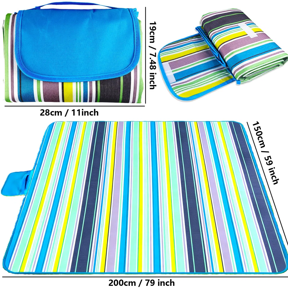 Wodoodporny koc piknikowy 200 x 150 cm, składany dywan piknikowy z odpornym na piasek i antypoślizgowym spodem z PCW, nadaje się do prania, na plażę i kemping z uchwytem do noszenia, do ogrodu