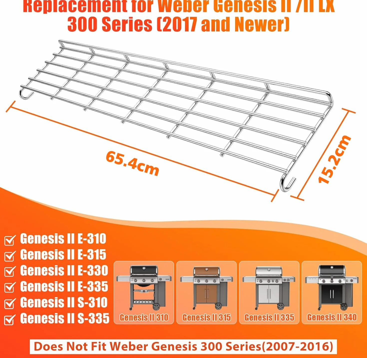 Denmay 66044 65,4 cm ruszt grzewczy ze stali nierdzewnej do grilla gazowego Weber Genesis II E-310, E-315, E-320, E-330, E-335, S-310, S-320, S-335 (2017 i nowsze), 1 sztuka