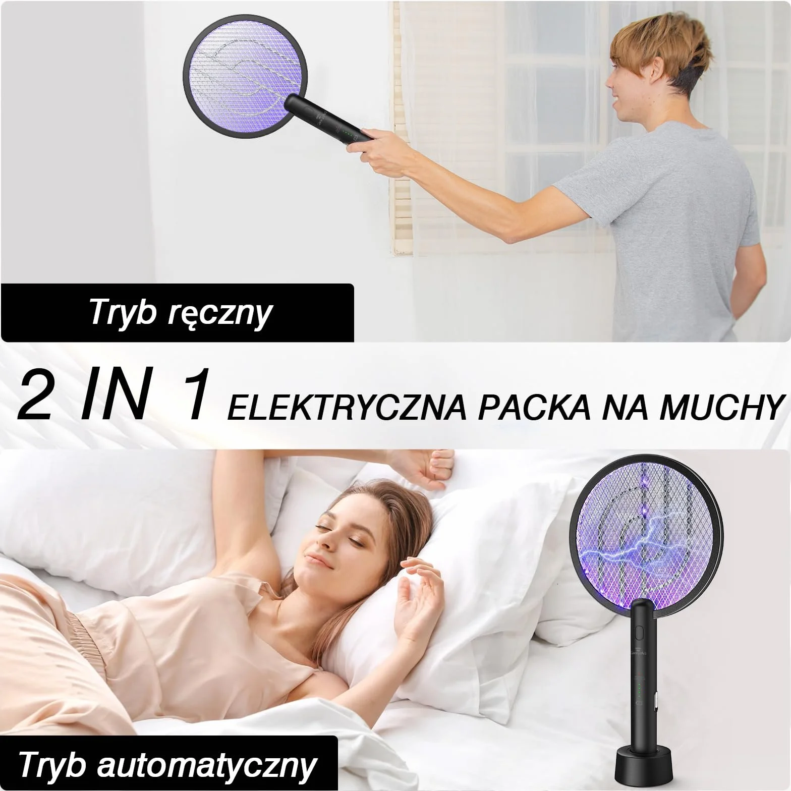 Elektryczna packa na muchy, GooQand 4000V Fly Killer Electronic z rakietą na muchy USB 2 w 1, poręczna packa na komary z 3-warstwową siatką ochronną do biwakowania wewnątrz i na zewnątrz, czarna，2szt