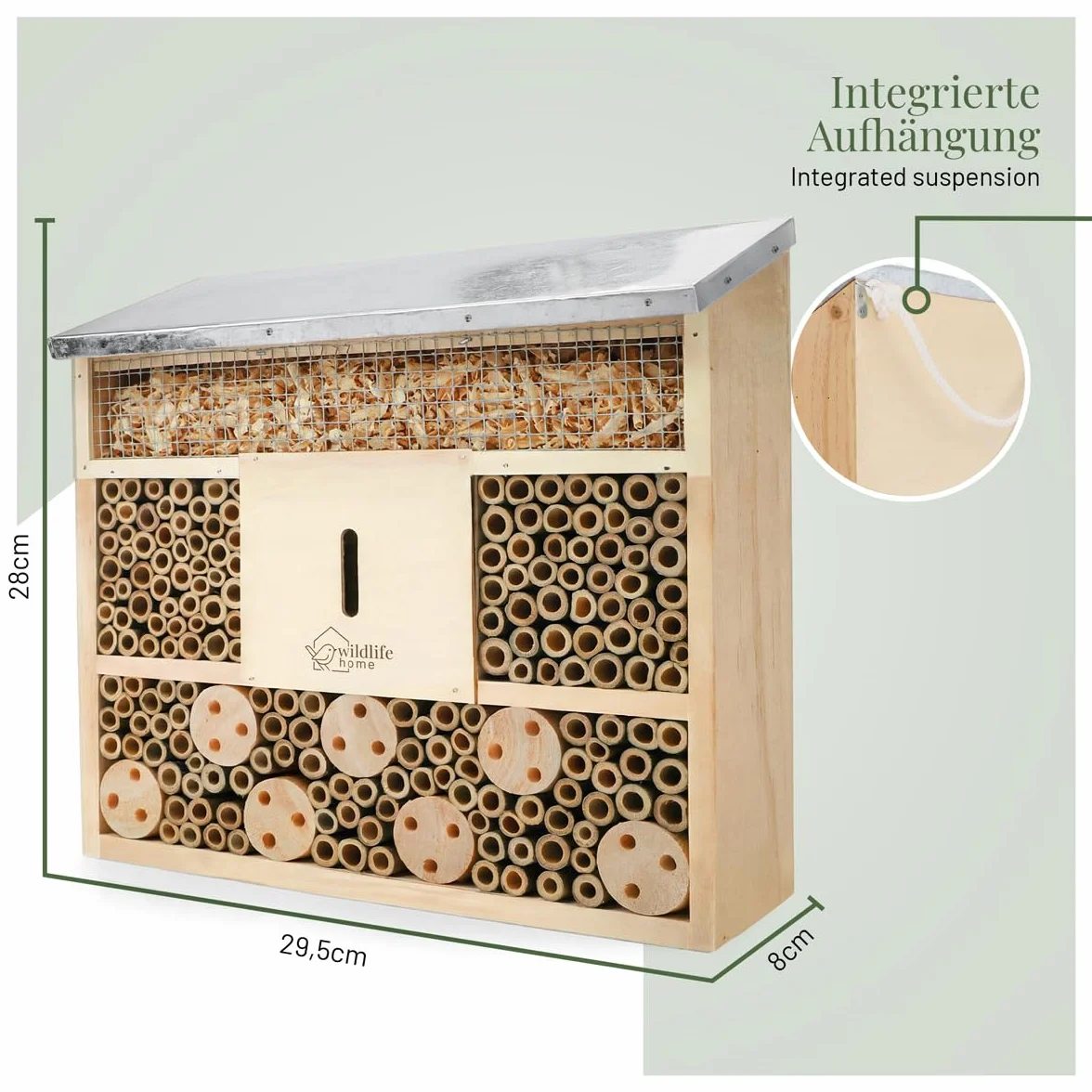 WILDLIFE HOME Hotel dla pszczół, domek dla owadów z metalowym dachem, nieobrabiany, z litego drewna dla pszczół, biedronek i muszek włoskich, domek dla owadów, pomoc dla lęgów, hotel dla owadów do