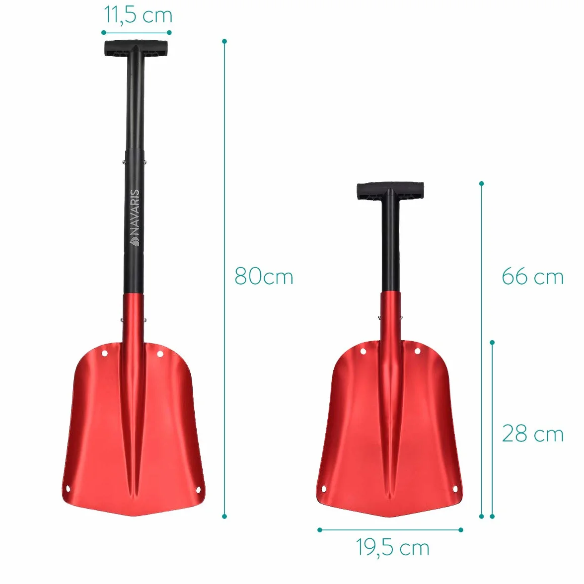 Navaris Łopata lawinowa z regulowanym uchwytem – długość maks. 80 cm – składana, do transportu w samochodach osobowych i ciężarowych, z torbą, aluminiowa szufla do śniegu, czerwona, czarna