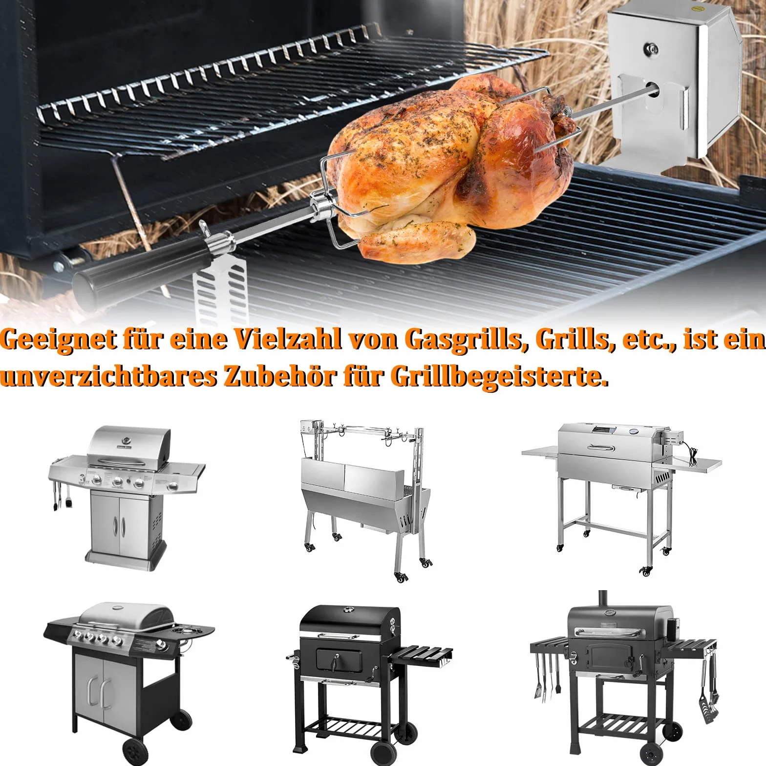 UISEBRT Rożen do grilla z silnikiem 220-240 V, ze stali nierdzewnej, obrotowy rożen do grilla gazowego i rożna, w zestawie 2 x szpikulec do mięsa, 107 cm
