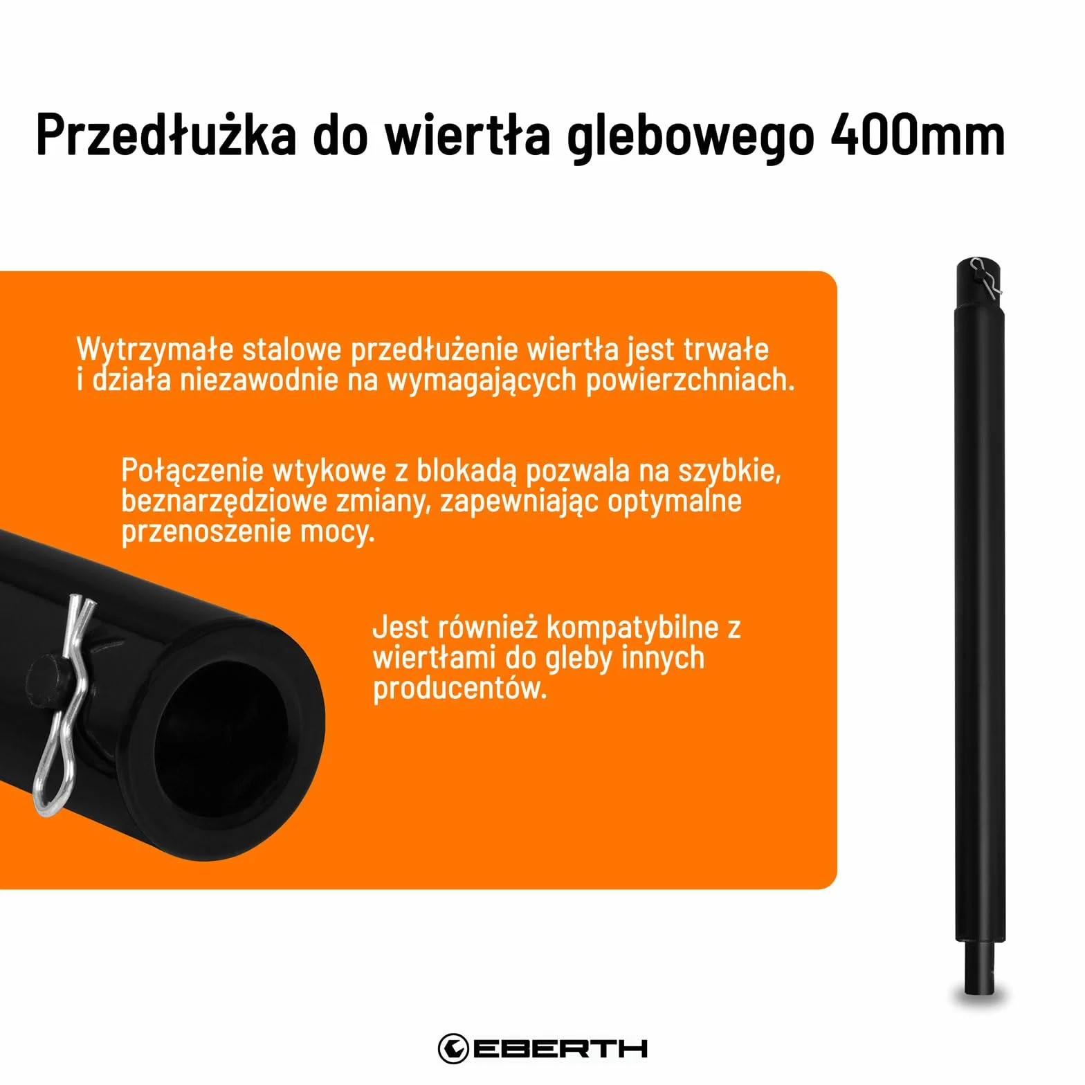 EBERTH Przedłużenie wiertła do wiertnic ziemnych, wierteł ogrodowych, stali, długość 400 mm, średnica mocowania 20 mm, lakierowane na czarno, nierdzewne, połączenie wtykowe z bolcem zabezpieczającym