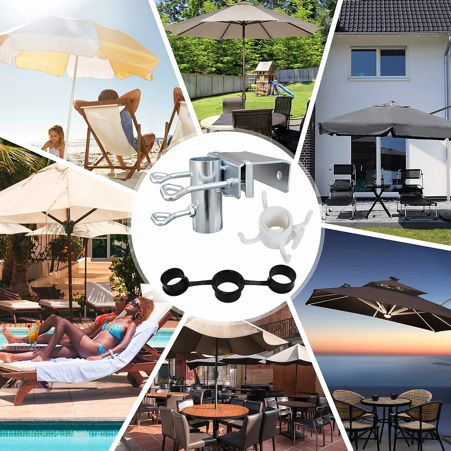 Uchwyt na parasol przeciwsłoneczny, regulowany uchwyt na parasol przeciwsłoneczny, regulowany uchwyt na parasol balkonowy, Ø 25-38 mm, stojak na parasole na balkon, taras lub stół, srebro
