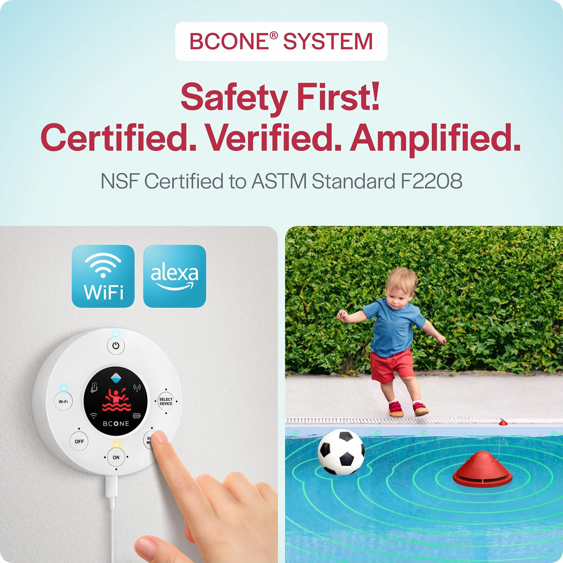 BCONE Alarm bezpieczeństwa basenu, alarm pływający z syreną i aplikacją, inteligentny system z Alexa, wykrywanie upadku w wodzie, ochrona dla dzieci i zwierząt domowych, łatwa instalacja