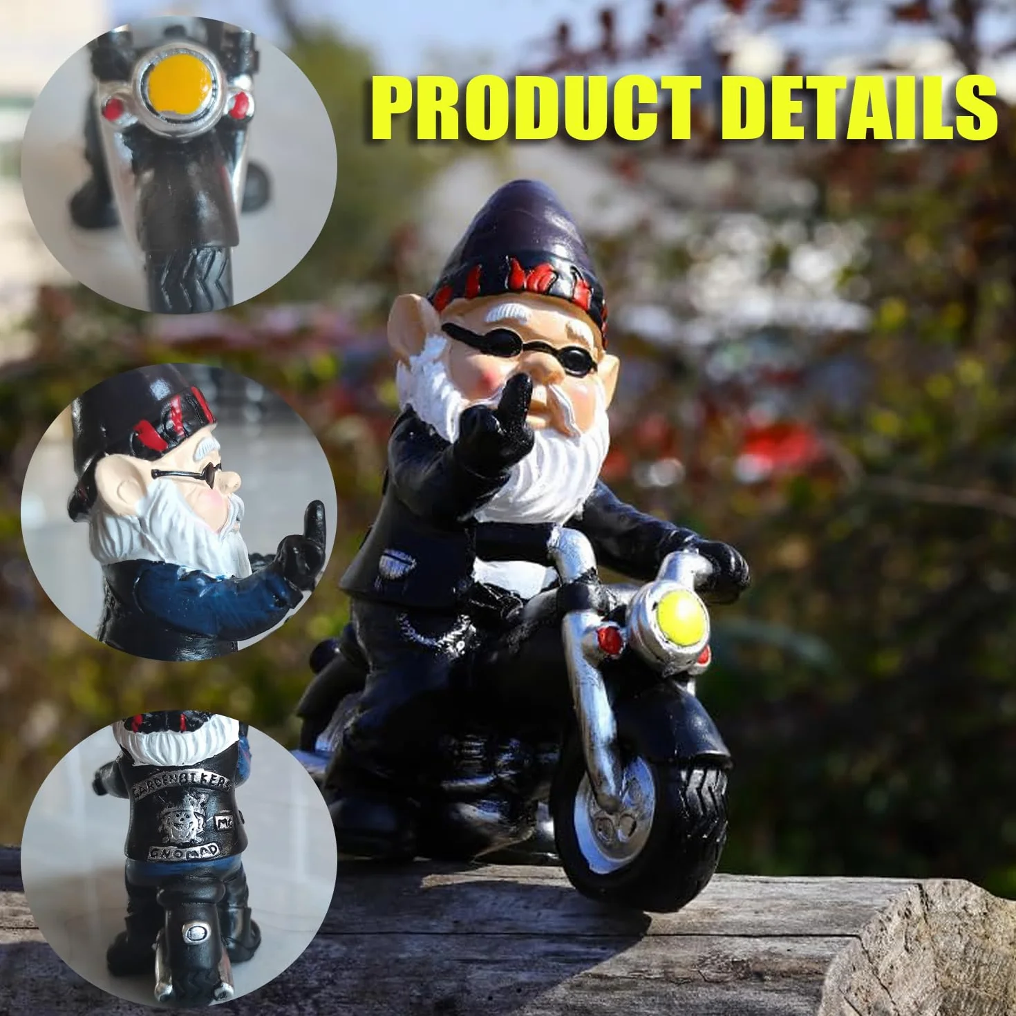 Ozdoby Ogrodowe Krasnale, Ozdoby Ogrodowe Skrzaty Motocykliści, zabawny krasnal ogrodowy, dekoracja do tarasu balkonu, stary człowiek z motocyklem, ozdoba z żywicy do domu i biura