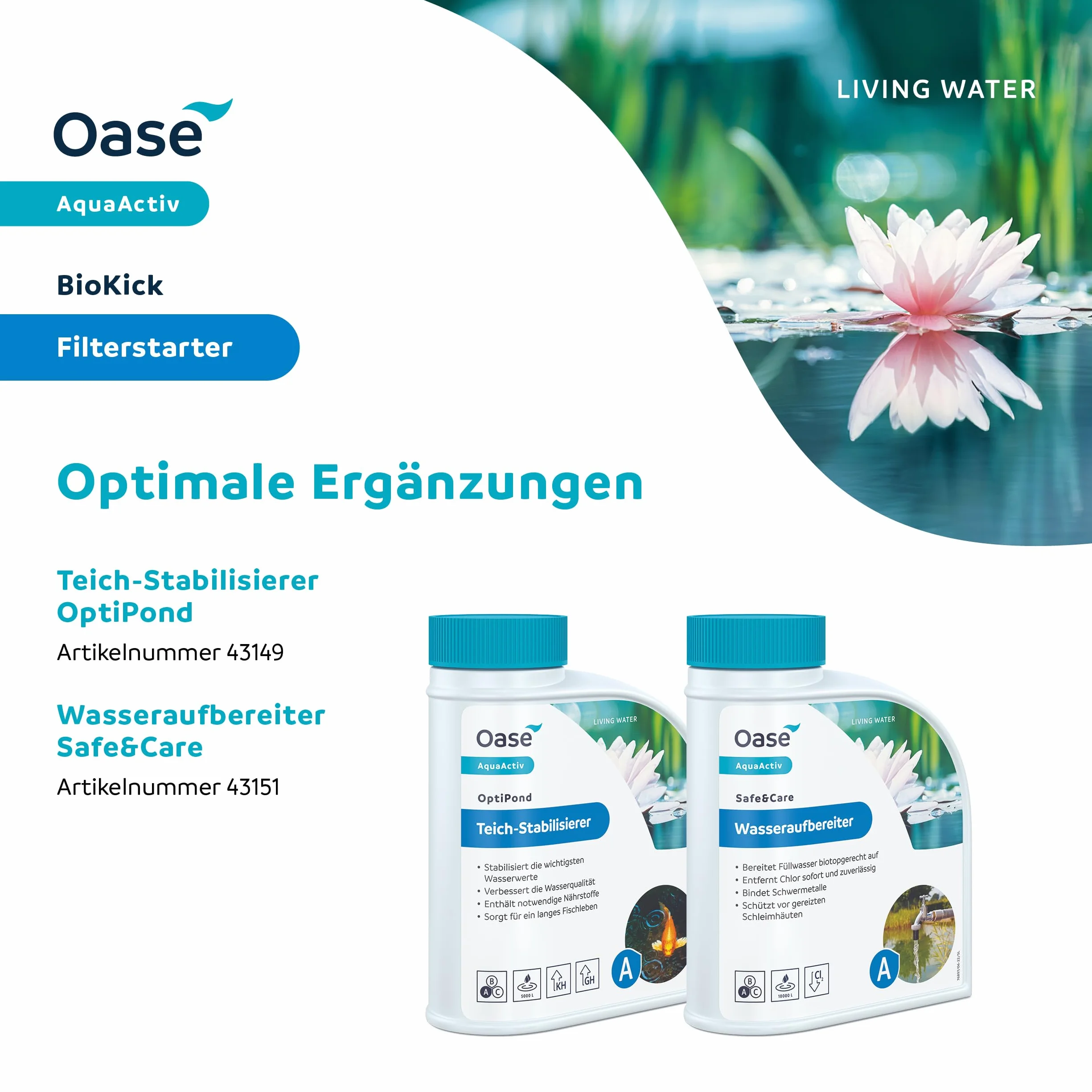 OASE 43150 AquaActiv BioKick 100 ml na 5000 l – bakterie do stawu rybnego, stawu ogrodowego do pływania