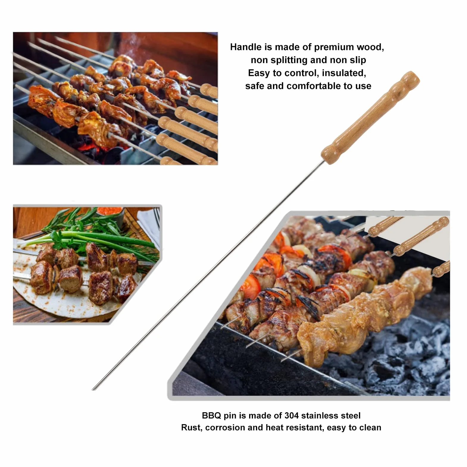 Szaszłyki do Grilla, 10 sztuk, Drewniany Uchwyt, Nierdzewna, Lekki i Przenośny, Idealne dla Piekna na świeżym Powietrzu, Wypady na Nature, Barbecue