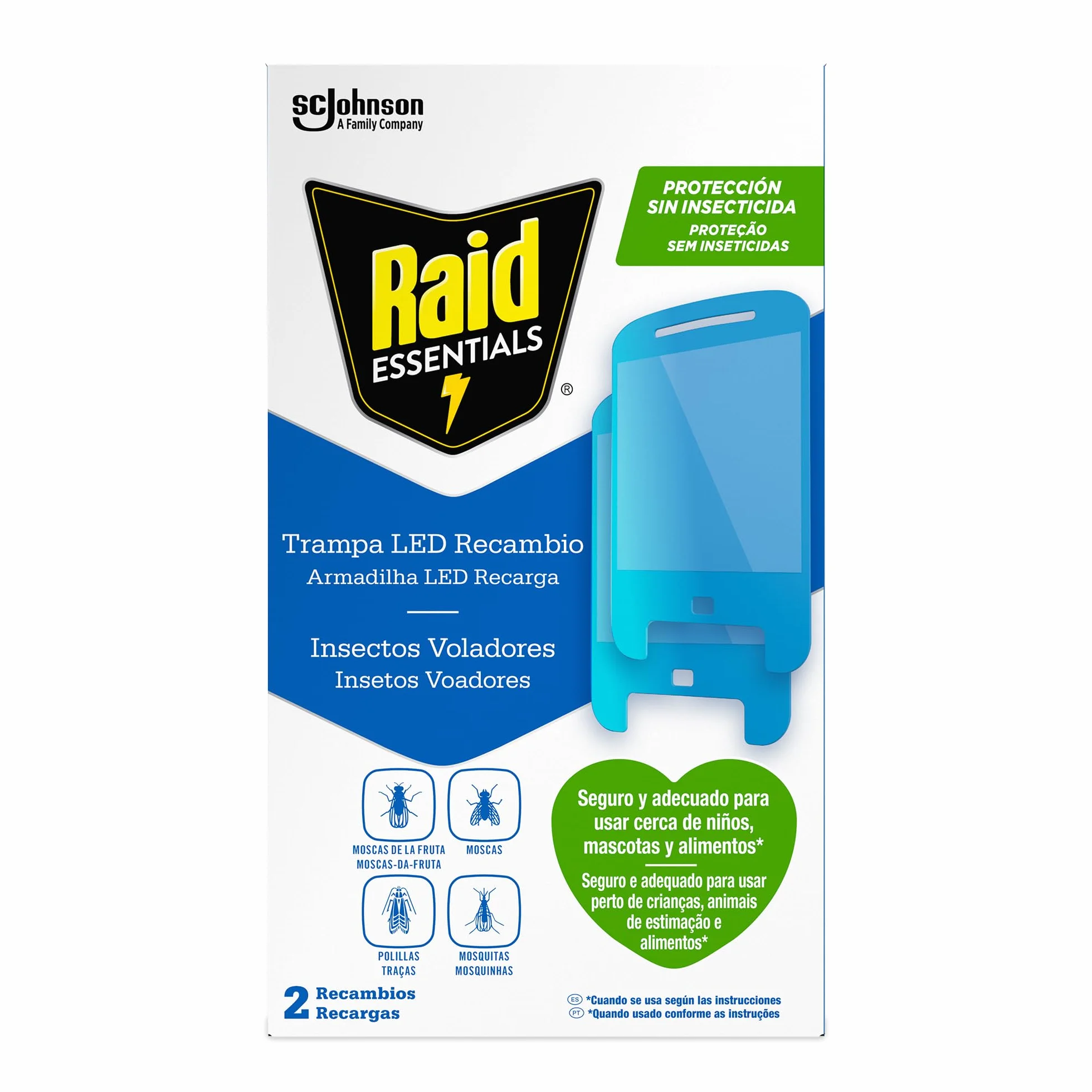 Raid Essentials 2 x zamiennik pułapki LED na muchy, muchy owocowe i mole, ochrona 24/7