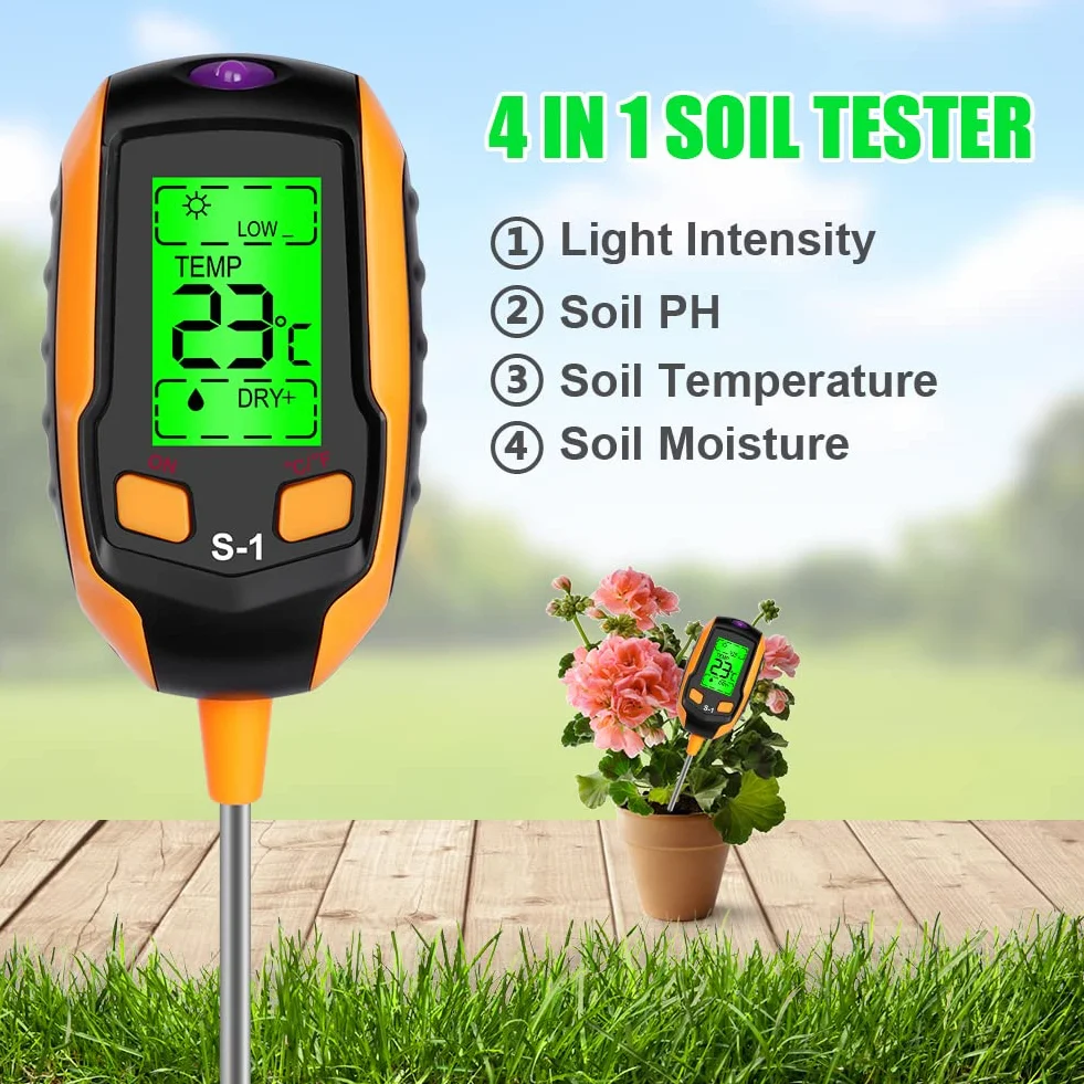flintronic Tester gleby 4 w 1 pH-metr, cyfrowy tester z termometrem do roślin mierzący oświetlenie, temperaturę, PH, wilgotność gleby, miernik wilgotności do ogrodu 4 w 1, tester ziemi