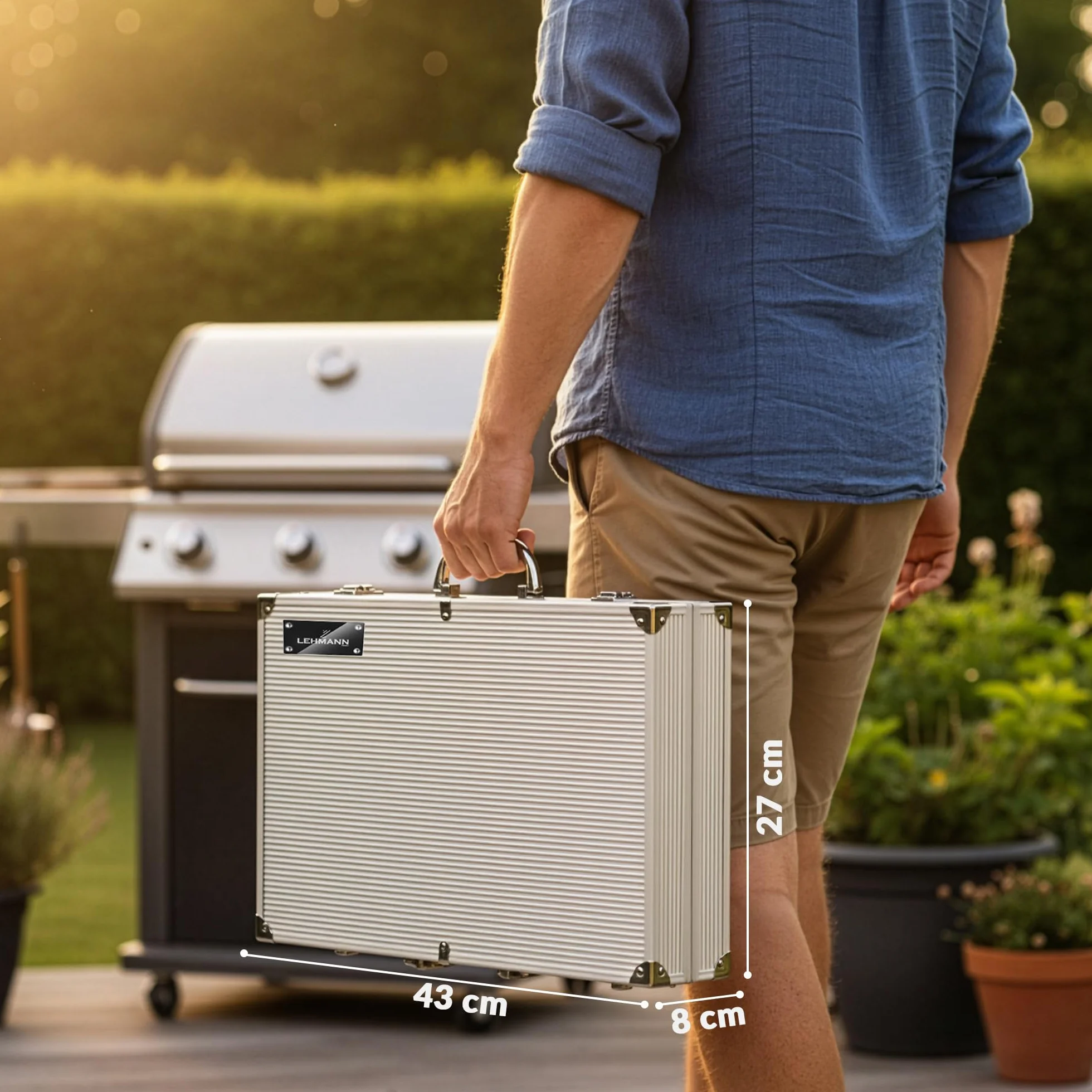 LEHMANN Zestaw naczyń do grillowania, 26 sztuk, ze stali nierdzewnej, szczypce, szpatułka 4 w 1, widelec, szczotka do czyszczenia, kompletny zestaw akcesoriów do grillowania z przenośną walizką
