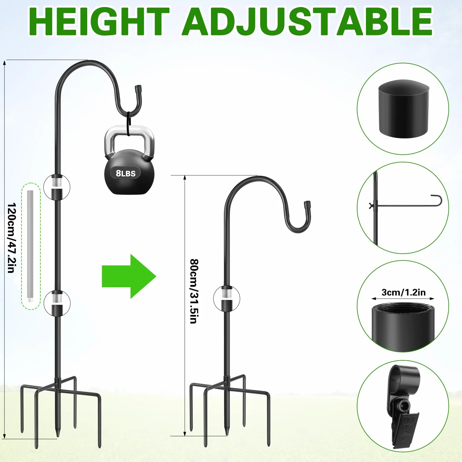 Haczyk Pasterski Metalowy 120 cm 5 zębów Ochrona Przed Rdzą do Latarni