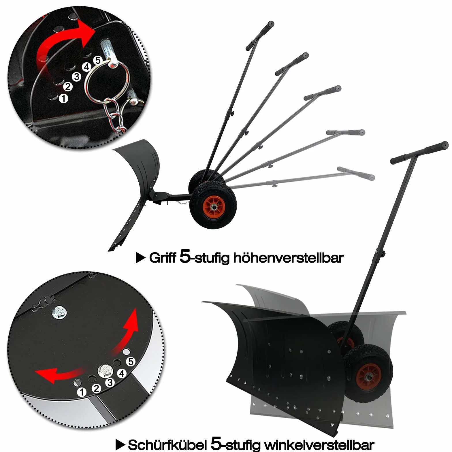 UISBERT Łopata do śniegu z kółkami – 5-stopniowa regulacja wysokości szufli – szufla do śniegu, 75 cm szerokość robocza, wysokość 42 cm