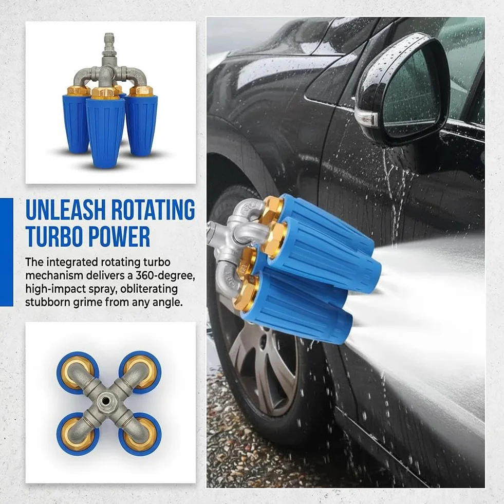 Dysza turbo 4 w 1 do myjki ciśnieniowej, końcówka natryskowa Quad Turbo z szybkozłączką 1/4" 360°