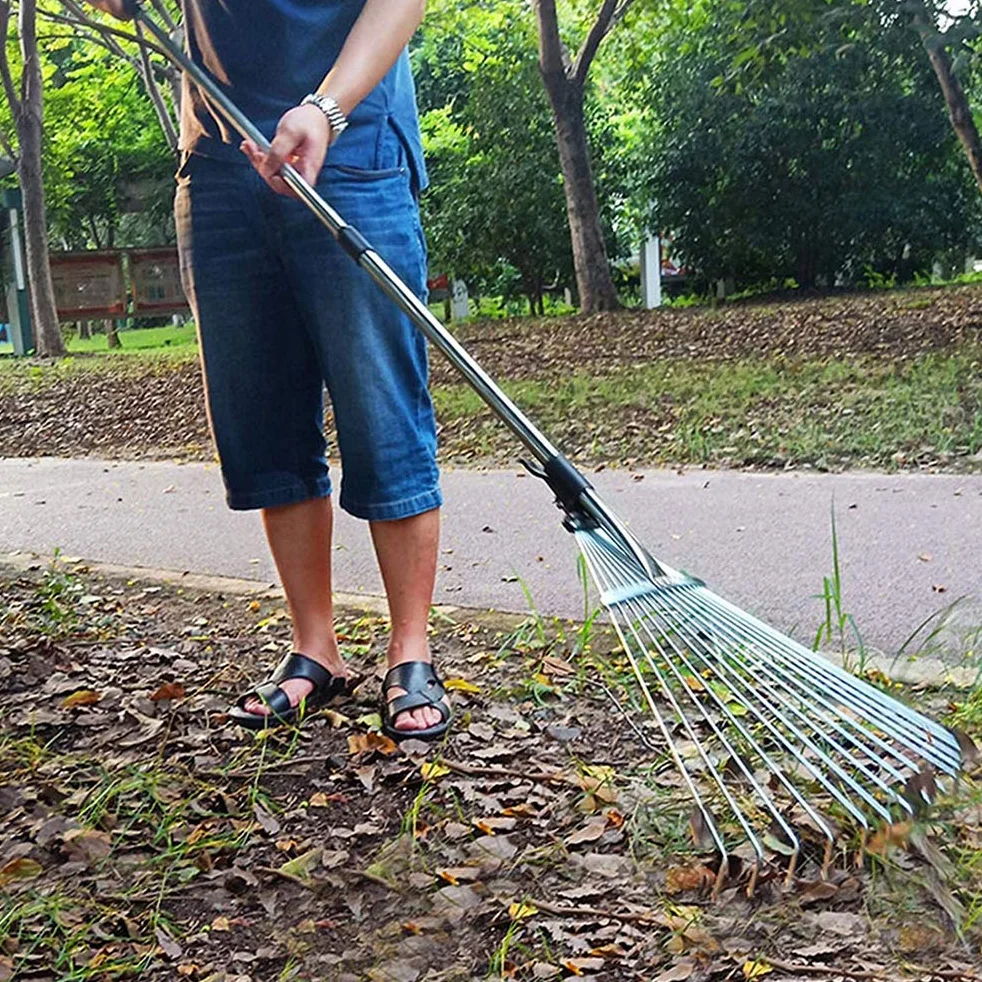 Regulowana teleskopowa graba ogrodowa z metalu, wieloma zębami do siania liści, trawnika i metry