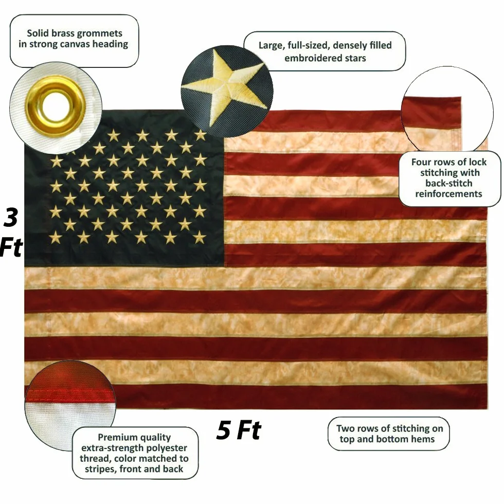 Anley Vintage Style Tea Stained American Flag 3x5 stóp Nylon - Haftowane gwiazdy i naszyte paski - 4 rzędy zszywania zamka - Postarzane flagi USA z mosiężnymi przelotkami 3X5 Ft.
