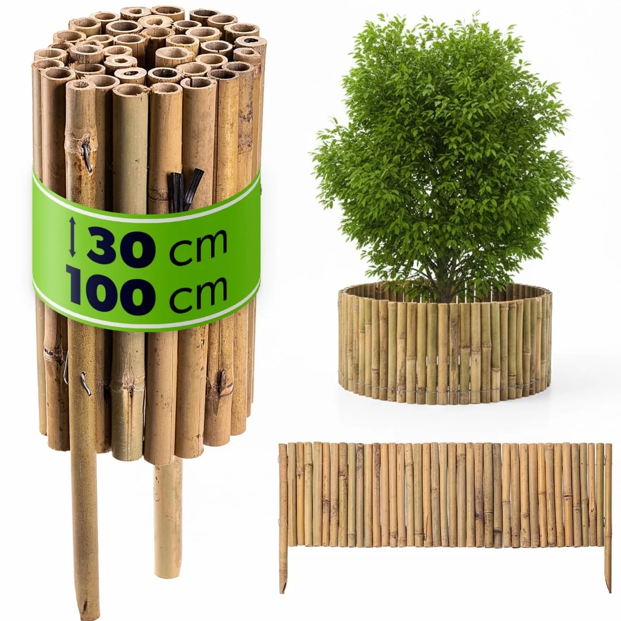 KADAX Krawędź trawnika z bambusa, 100 x 30 cm, elastyczne obramowanie rabatki z bambusowych drążków, ogrodzenie bambusowe do ogrodu, dekoracyjne ogrodzenie ogrodowe