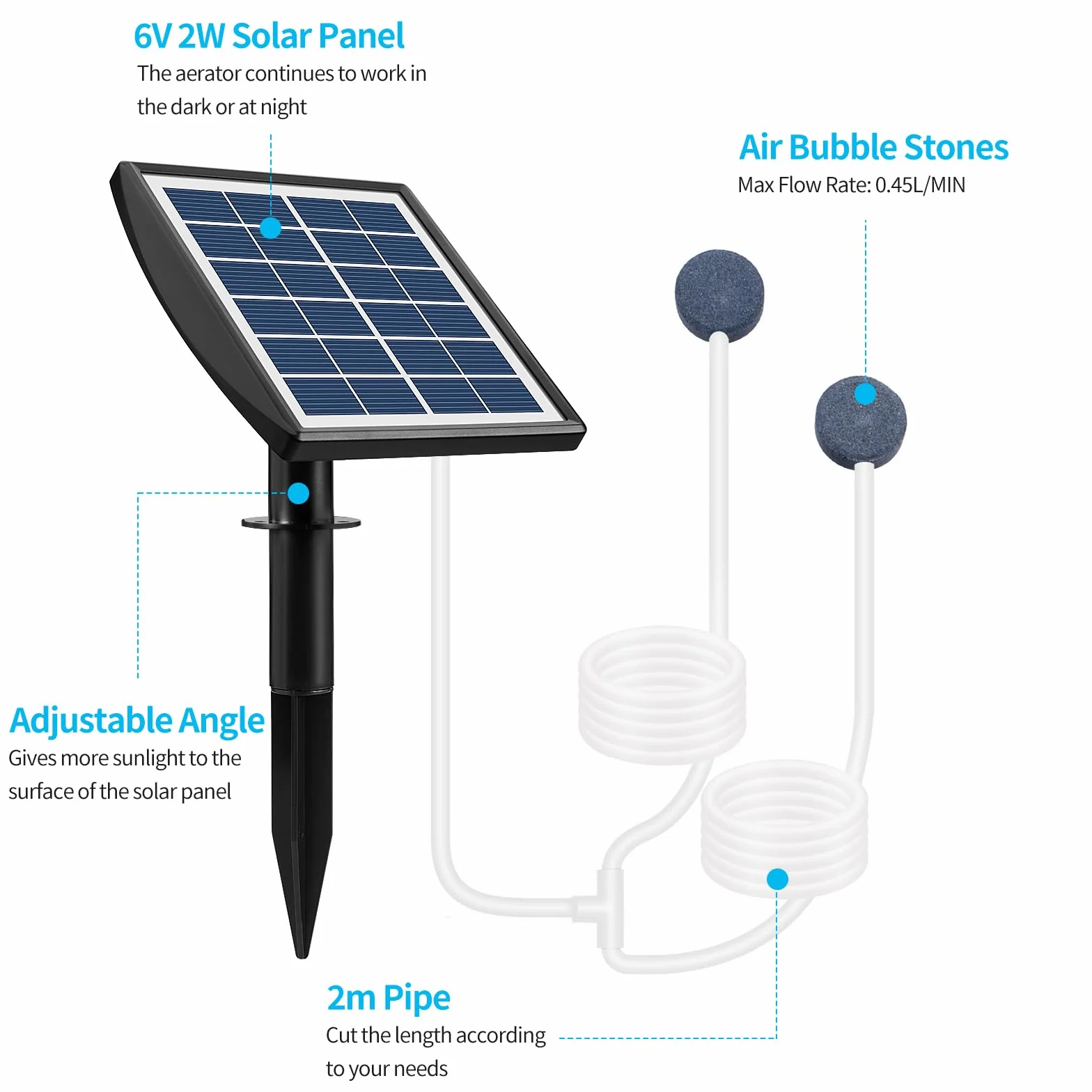 Weinsamkeit Napowietrzacz do stawu, solarna pompa tlenowa 2 W, z akumulatorem 2200 mAh, pompa powietrza do stawu z rurą tlenową i kamieniem bąbelkowym, pompa powietrza do akwarium