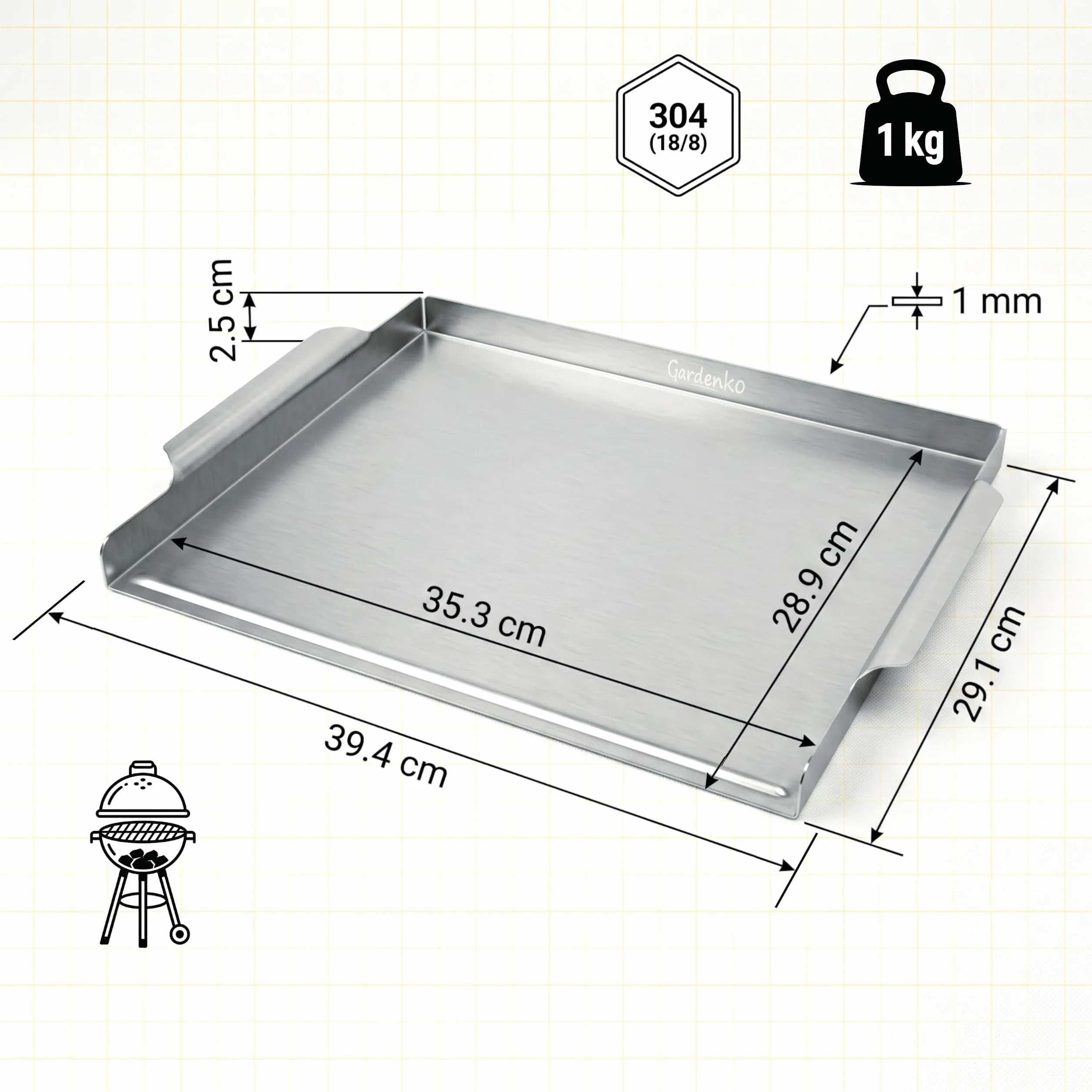 Płyta grillowa ze stali nierdzewnej 1 mm 39,4 x 29,1 cm do grilla węglowego plancha do smash burgerów